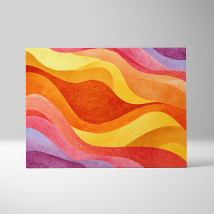 Abstract canvas wall art featuring vibrant flowing waves in orange, yellow, pink, and purple tones.