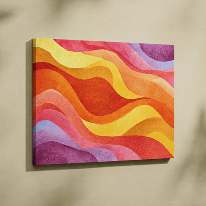 Abstract canvas wall art with vibrant flowing waves in red, orange, yellow, and purple tones.