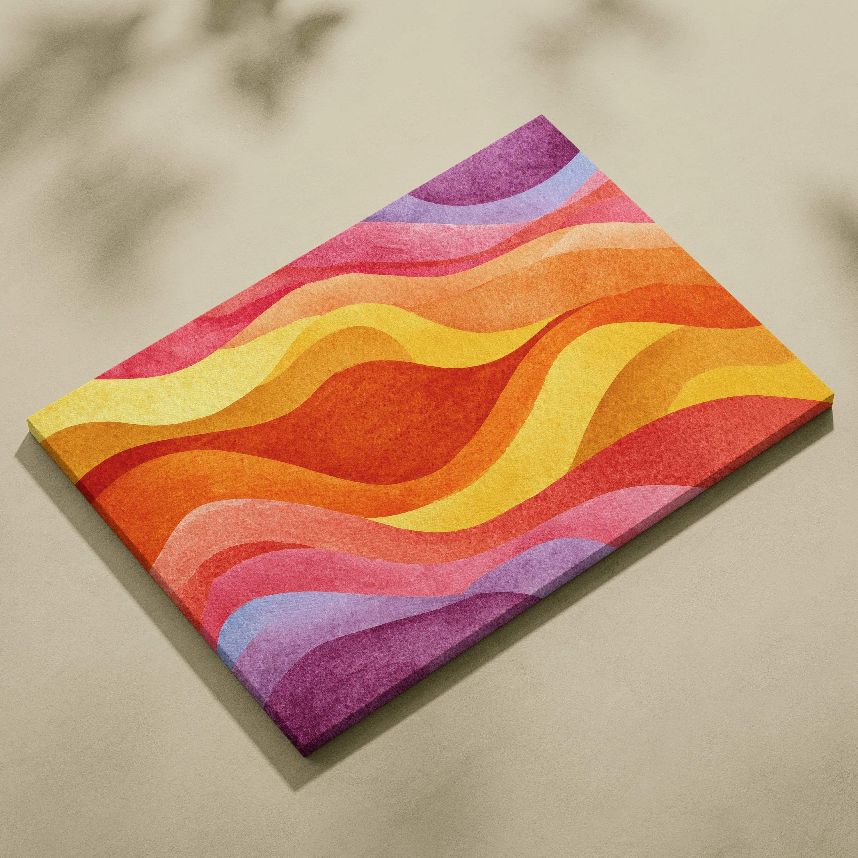 Abstract digital canvas art with vibrant wavy stripes in red, orange, yellow, and purple tones.