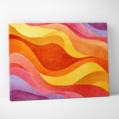 Colorful abstract canvas art with flowing wavy shapes in yellow, orange, red, pink, and purple tones.