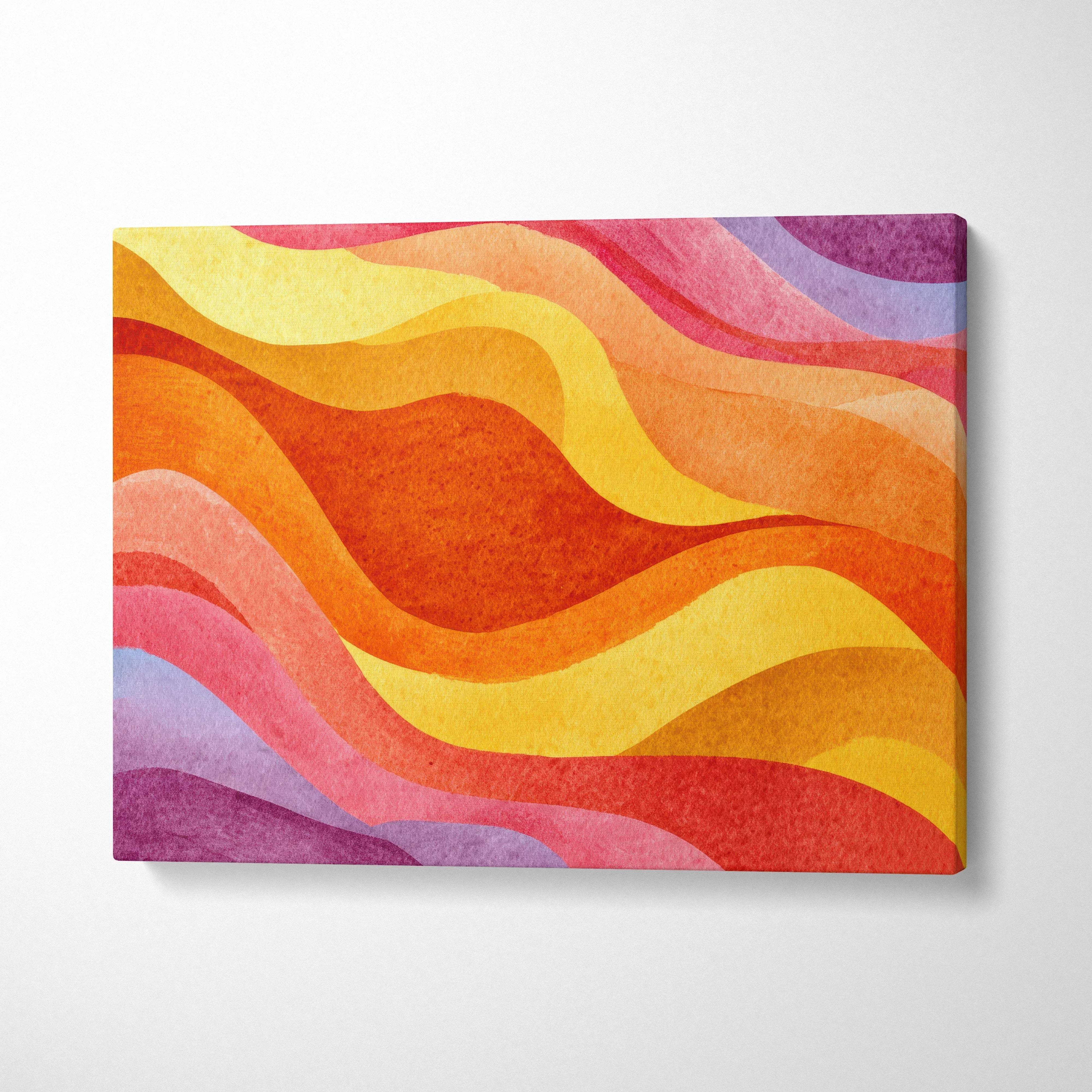 Abstract modern digital art on canvas with vibrant orange, yellow, red, and purple wavy patterns, wall art canvas print.