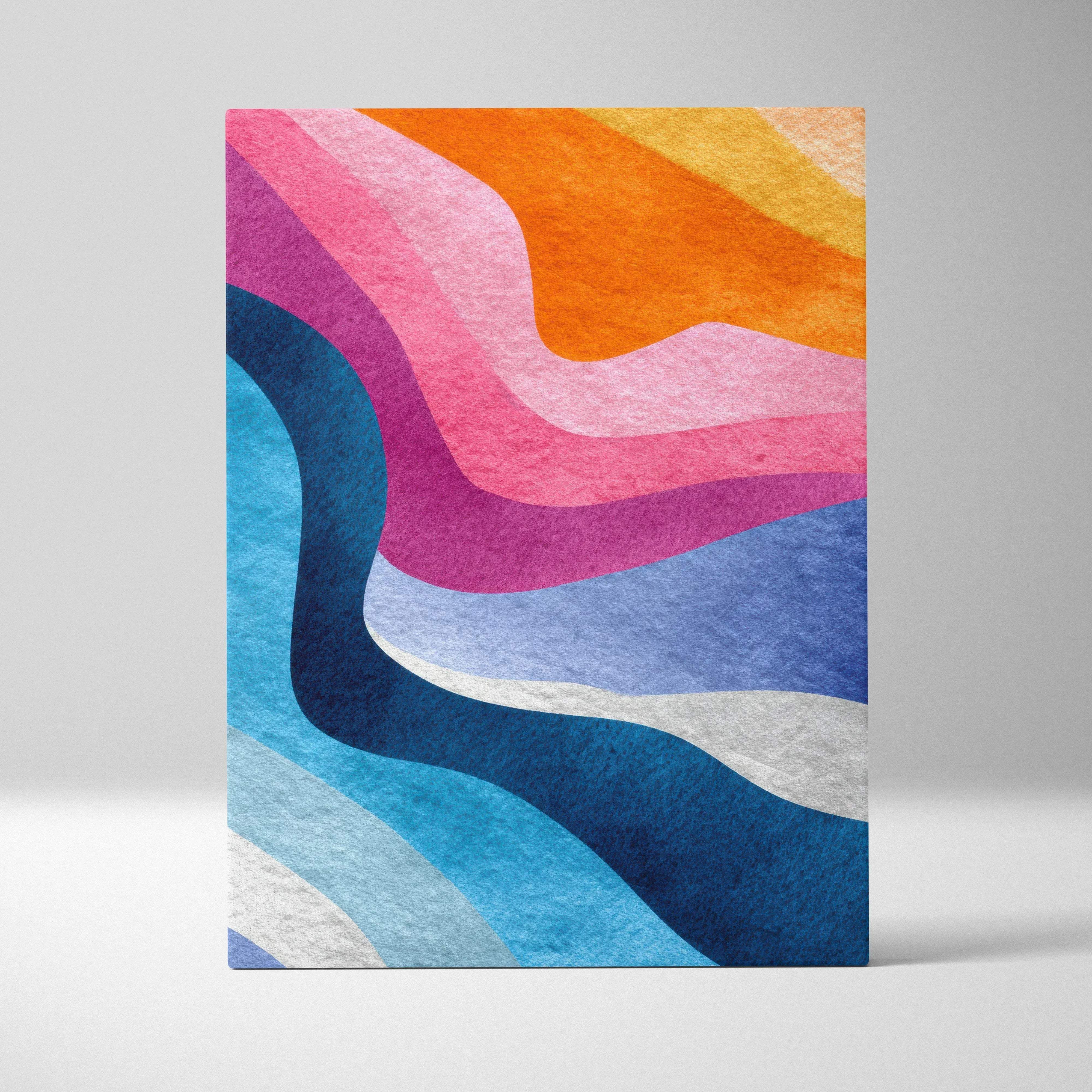 A vibrant abstract swirl waves canvas wall art with flowing pink orange blue and purple bands for modern home decor