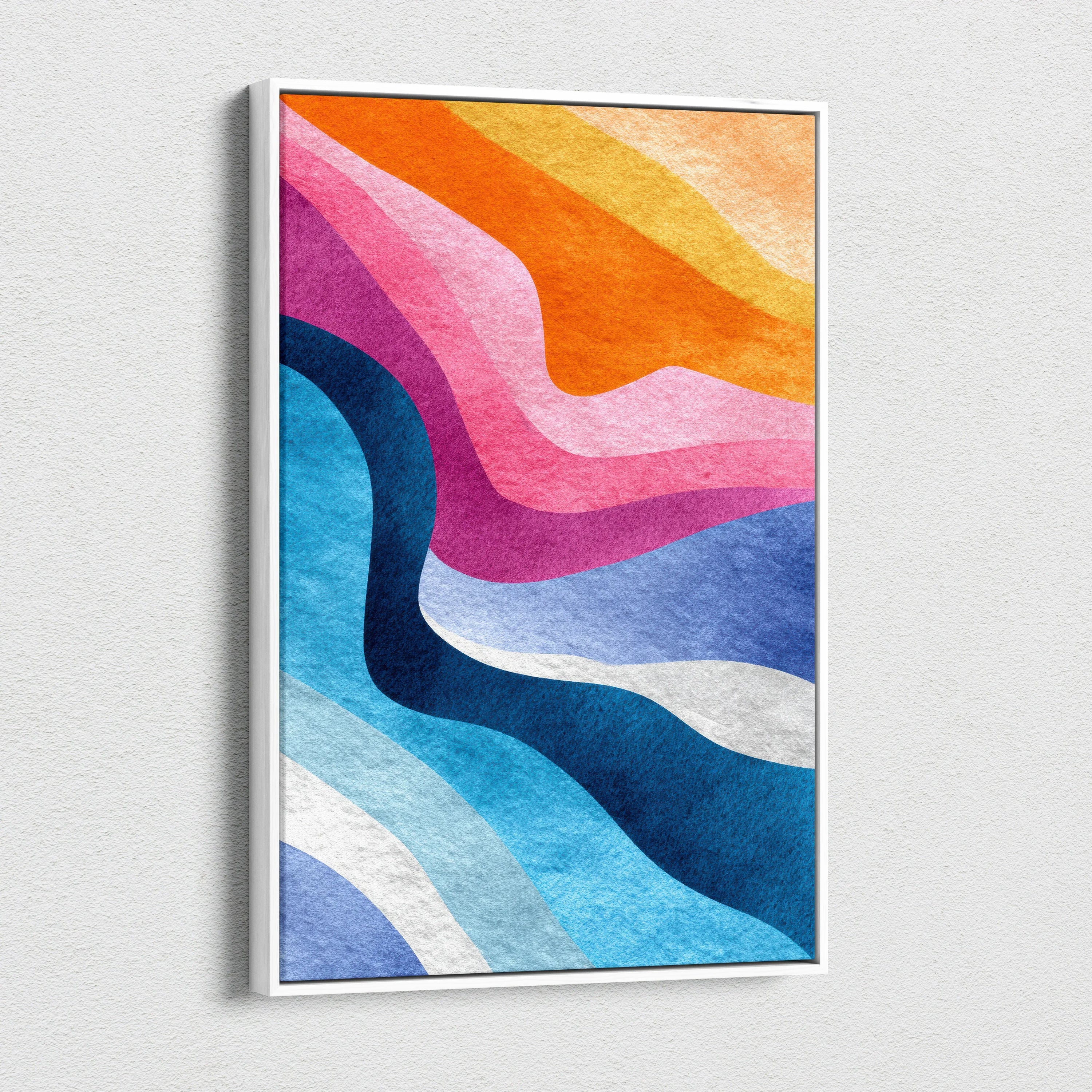 Vibrant abstract canvas art with bold orange, pink, blue, and white curved waves vertical wall art.