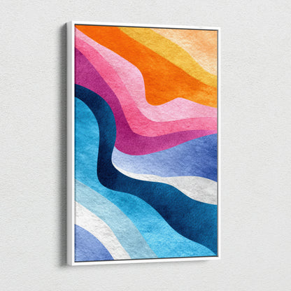 Vibrant abstract canvas art with bold orange, pink, blue, and white curved waves vertical wall art.