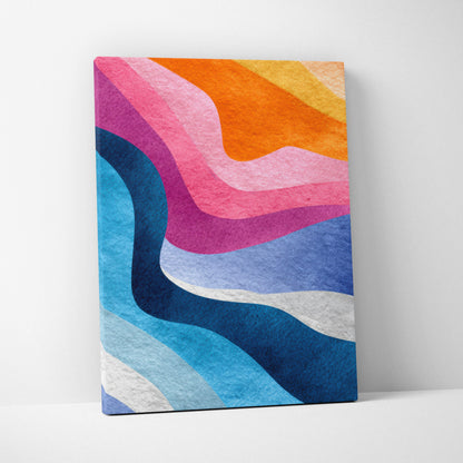 Abstract canvas art with bold wavy layers in orange, pink, blue, and purple, vibrant wall art.