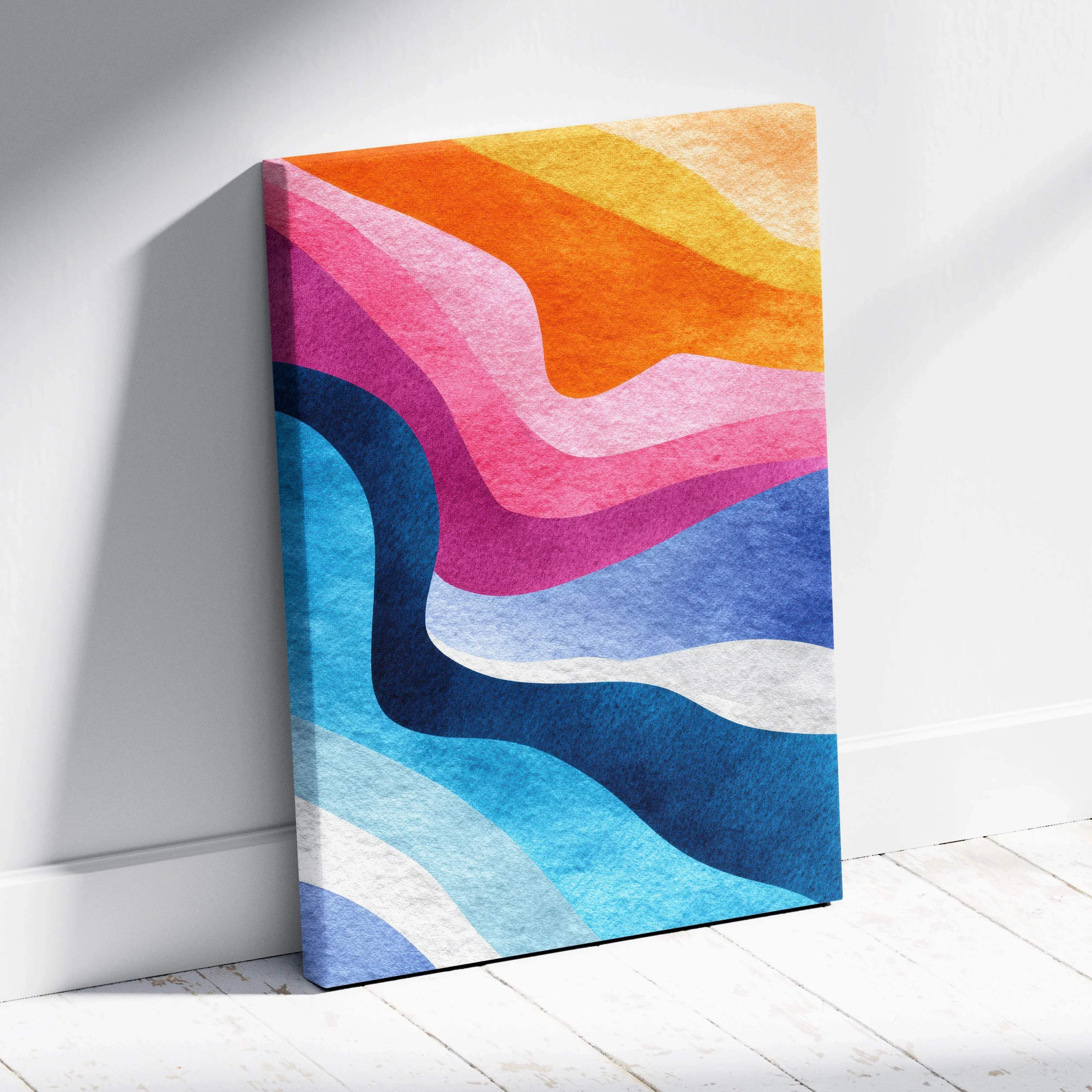 A vibrant abstract canvas wall art featuring flowing wavy bands of orange pink blue and white for modern home decor