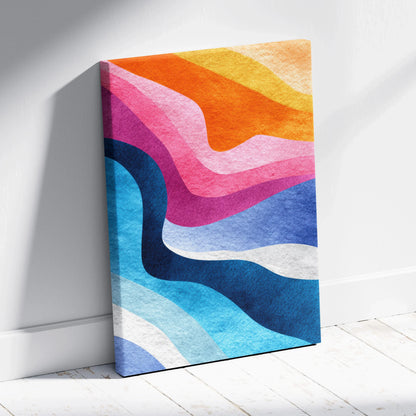 Bold abstract digital art canvas with vibrant blue, pink, orange, and yellow waves, vertical wall art.