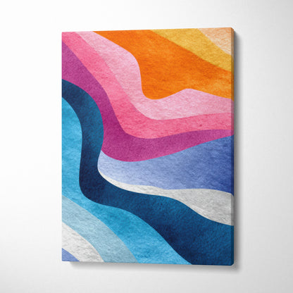 Vertical canvas wall art with bold abstract waves in vibrant blue, pink, orange, and yellow tones.