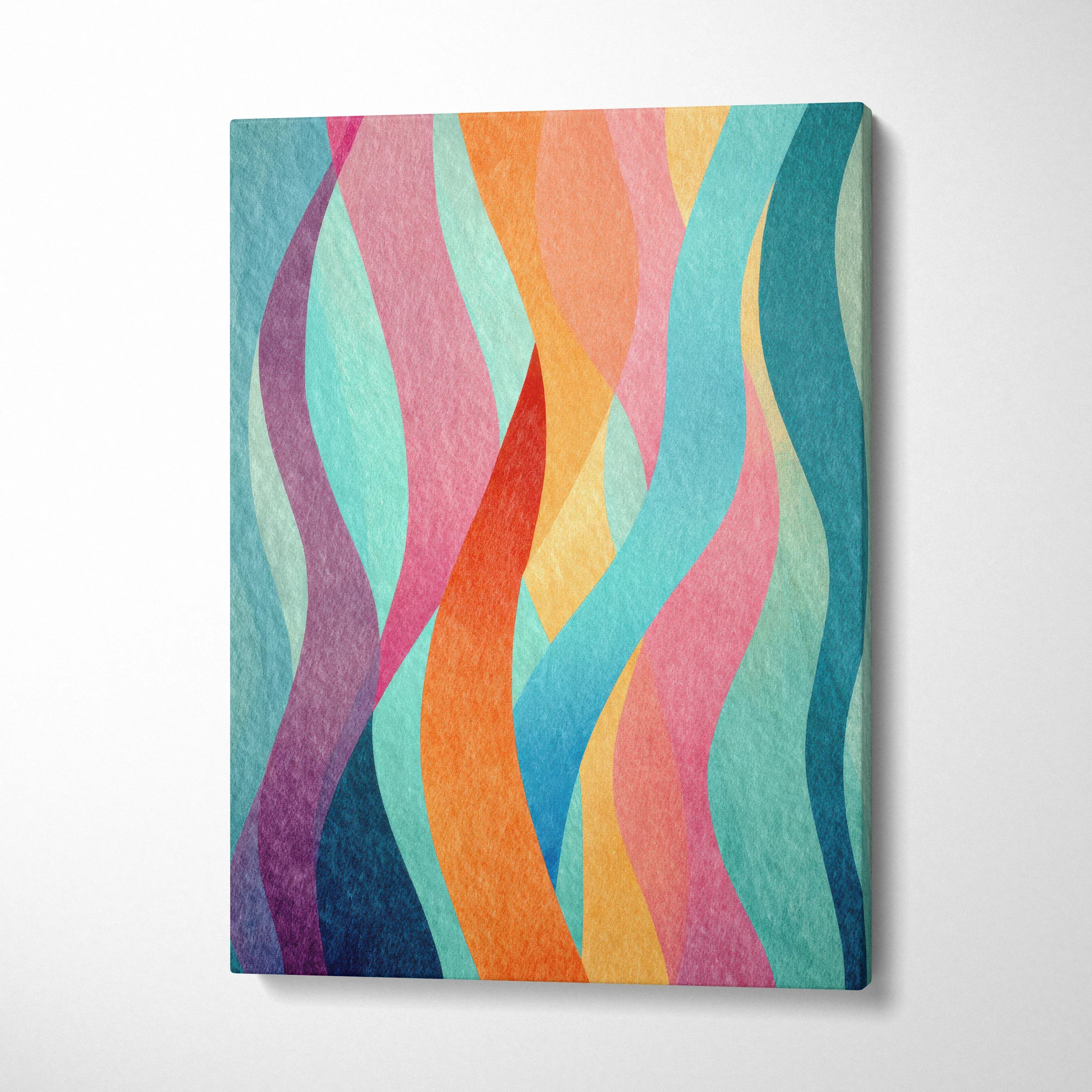Vertical canvas wall art with vibrant abstract waves in blue, teal, orange, pink, and red tones.