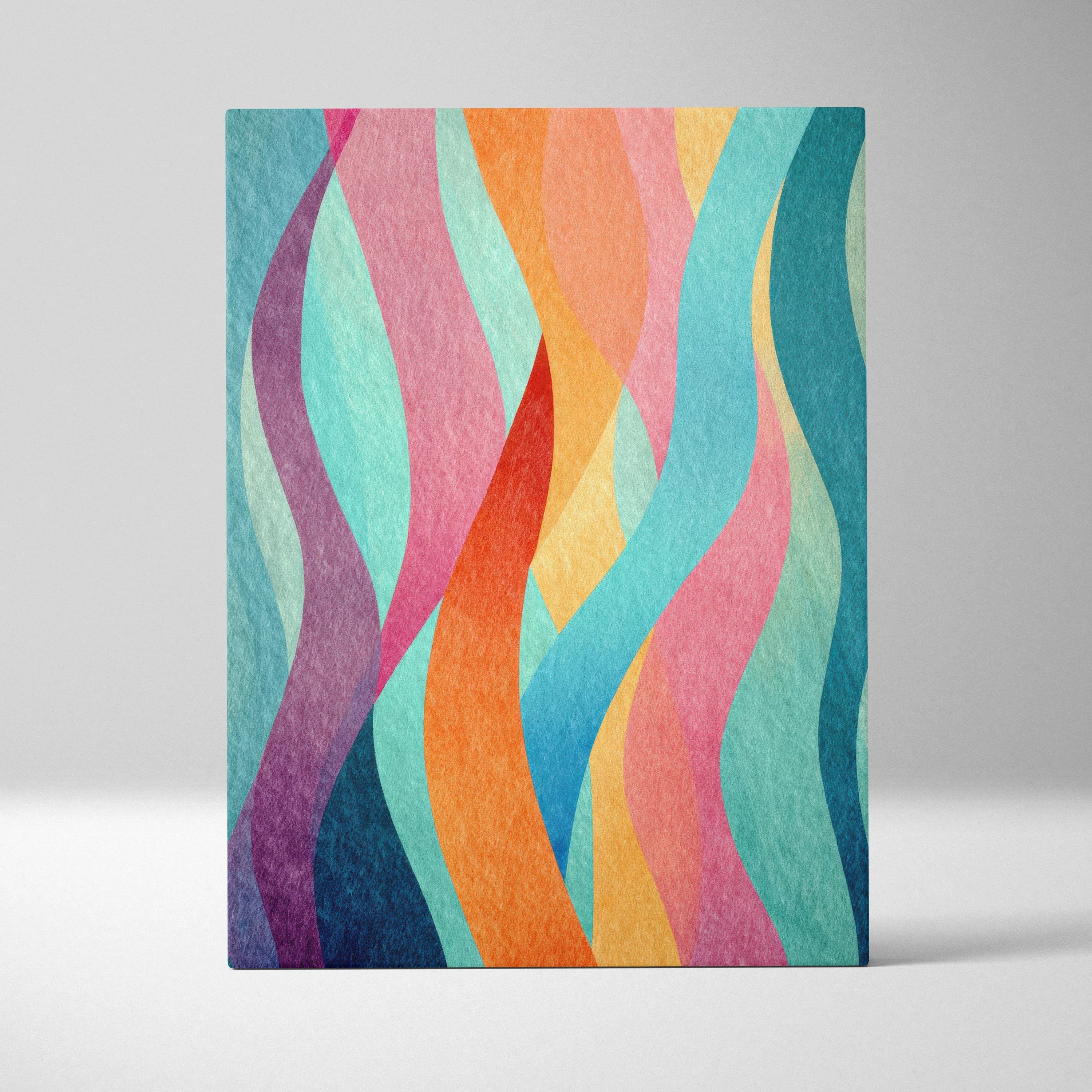 Vertical canvas art with vibrant abstract waves in teal, orange, pink, purple, and yellow tones on textured wall art.