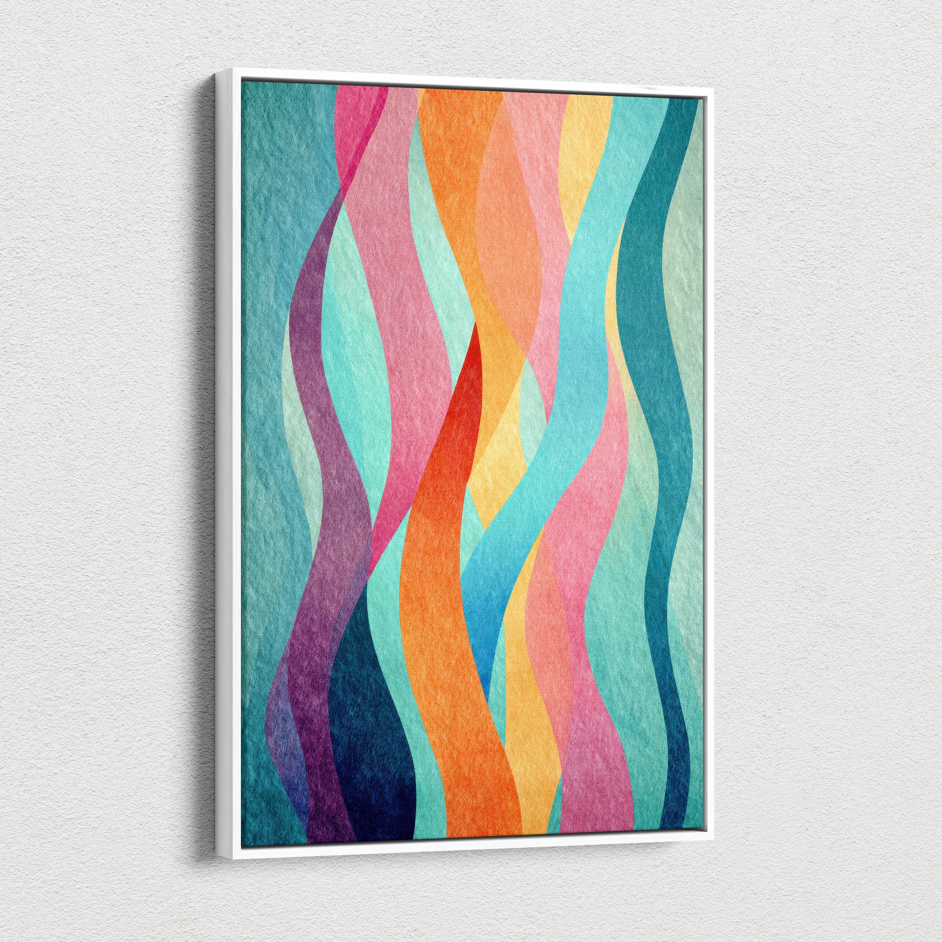 Colorful abstract wavy shapes on vertical canvas wall art with vibrant digital design.