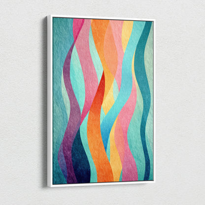 Colorful abstract wavy shapes on vertical canvas wall art with vibrant digital design.