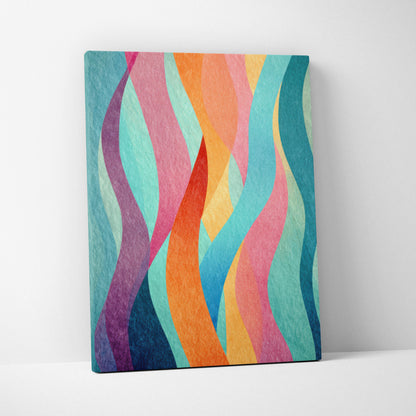 Abstract vibrant multicolor wavy design on vertical canvas wall art with smooth texture.