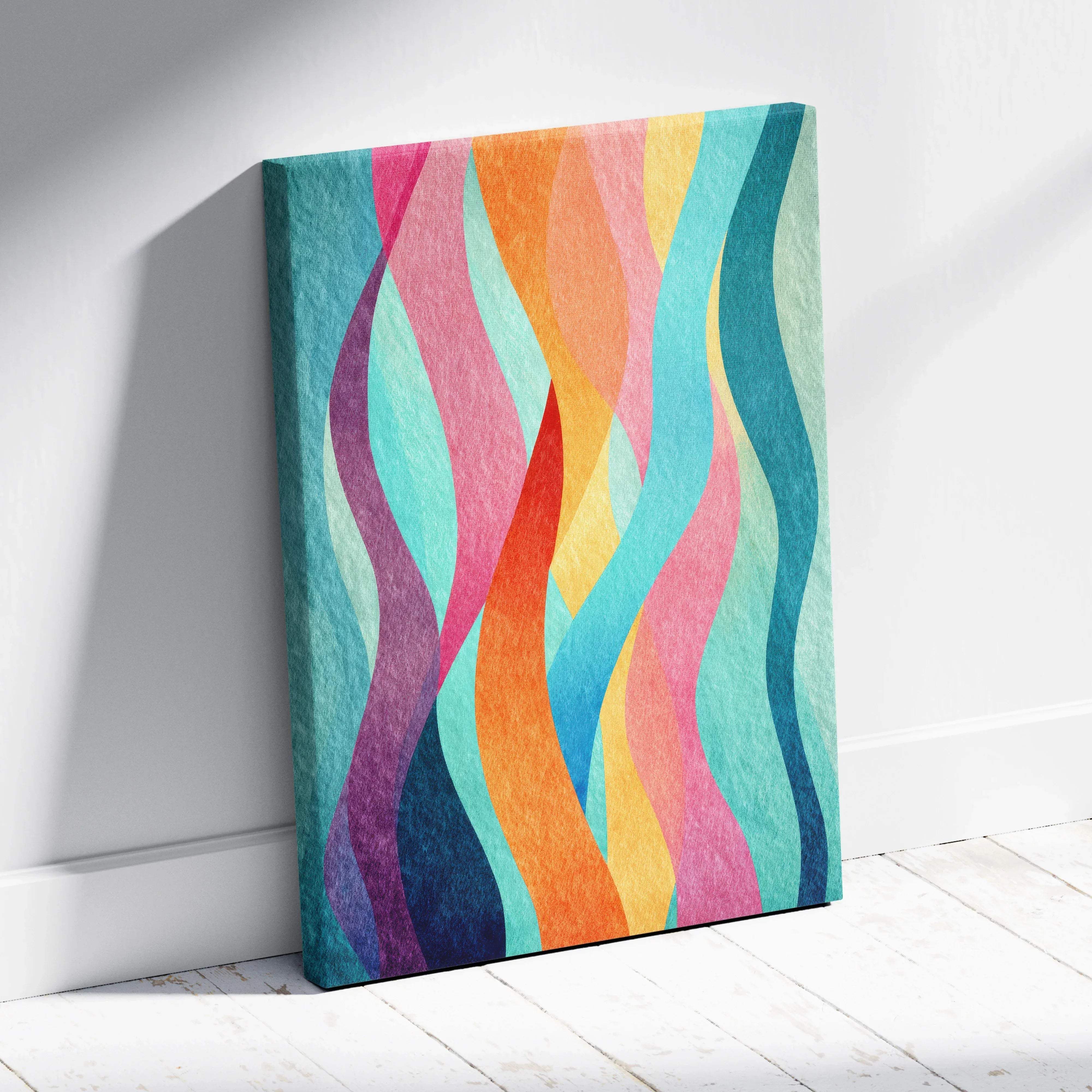 A vibrant abstract canvas wall art with flowing wavy stripes in teal pink orange and purple rainbow hues