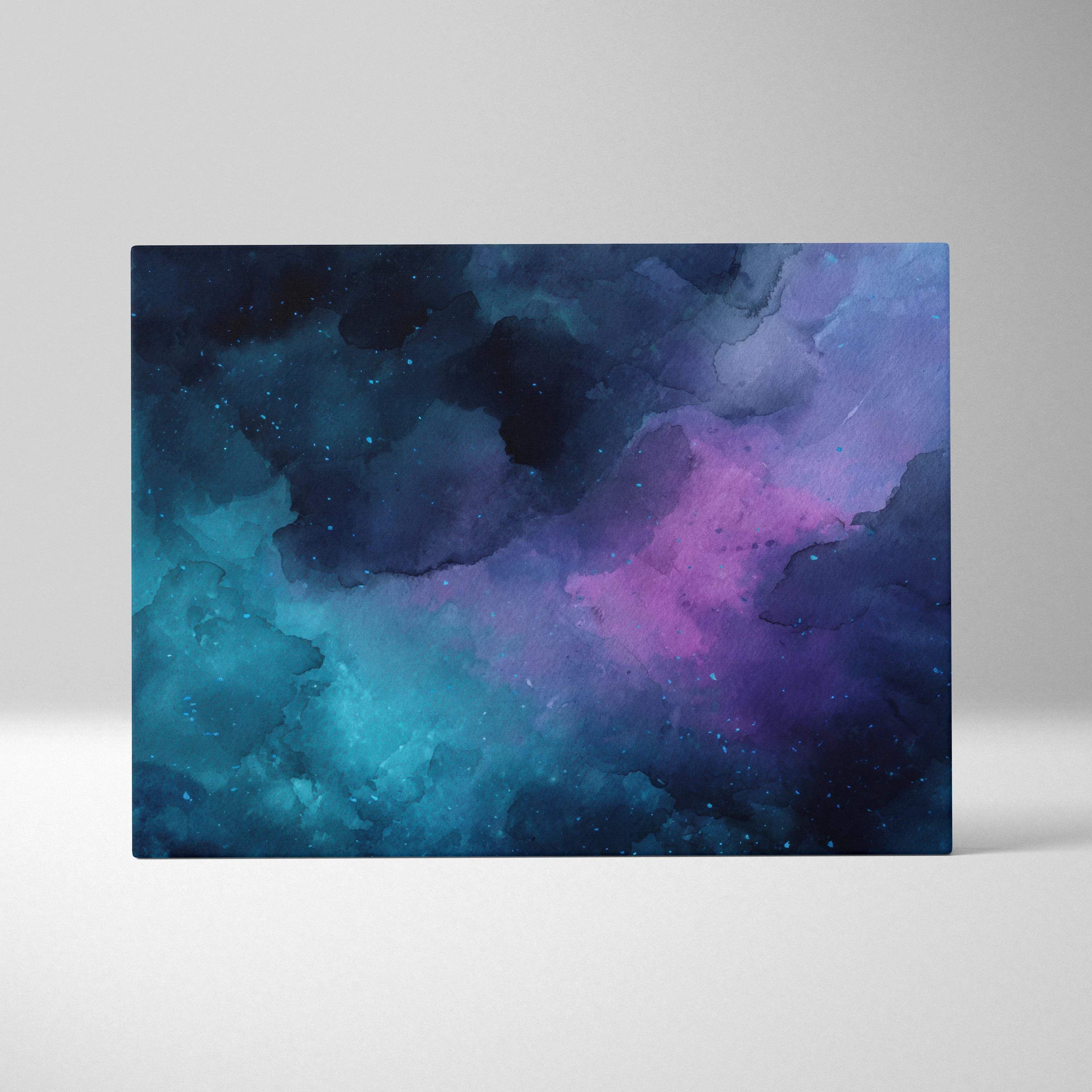 Abstract canvas wall art with swirling blue, teal, and purple digital paint textures.