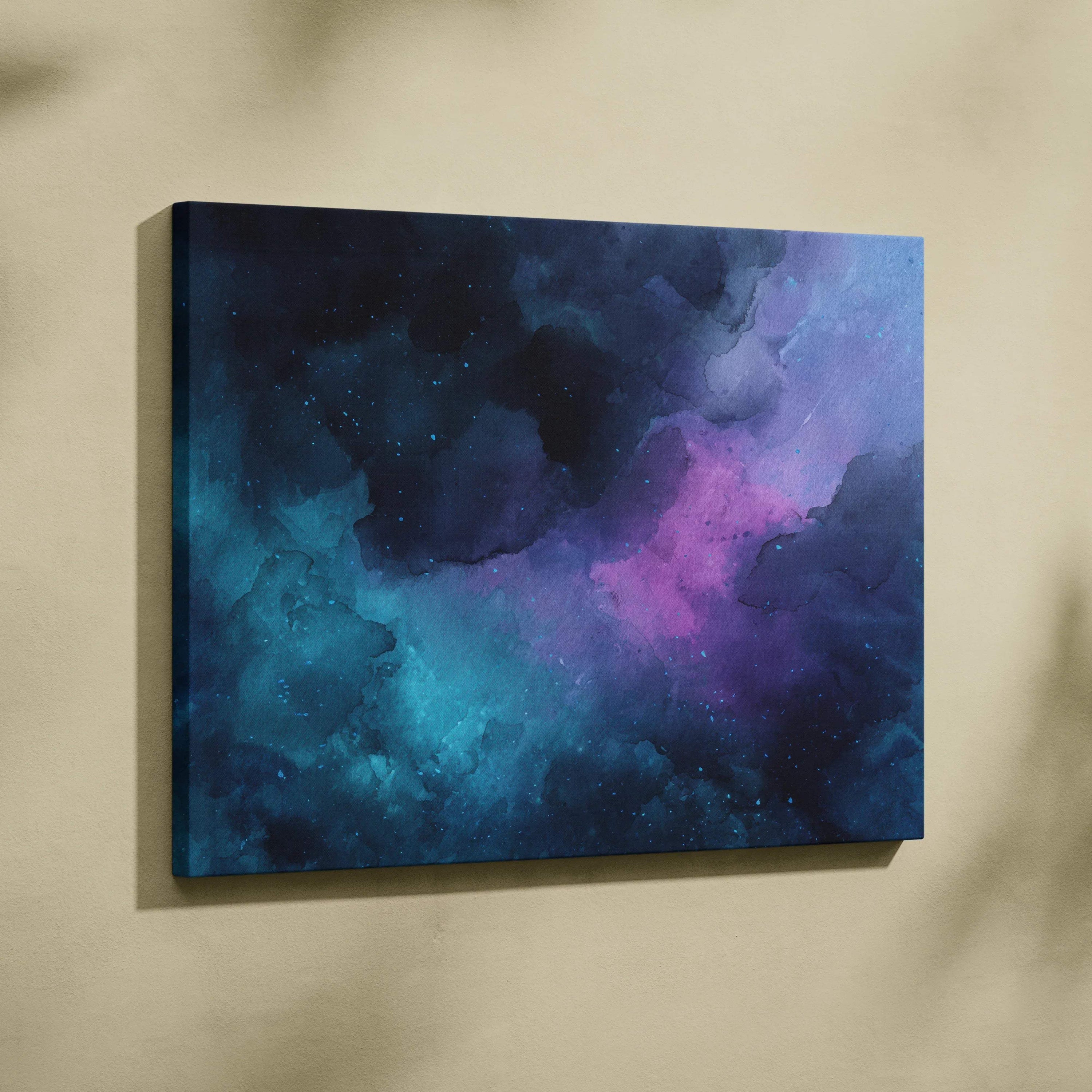 Abstract canvas wall art with swirling blue, purple, and black digital brushstrokes.
