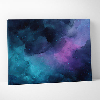 Abstract digital canvas art with deep blue, teal, purple, and black swirling colors for modern wall decor.