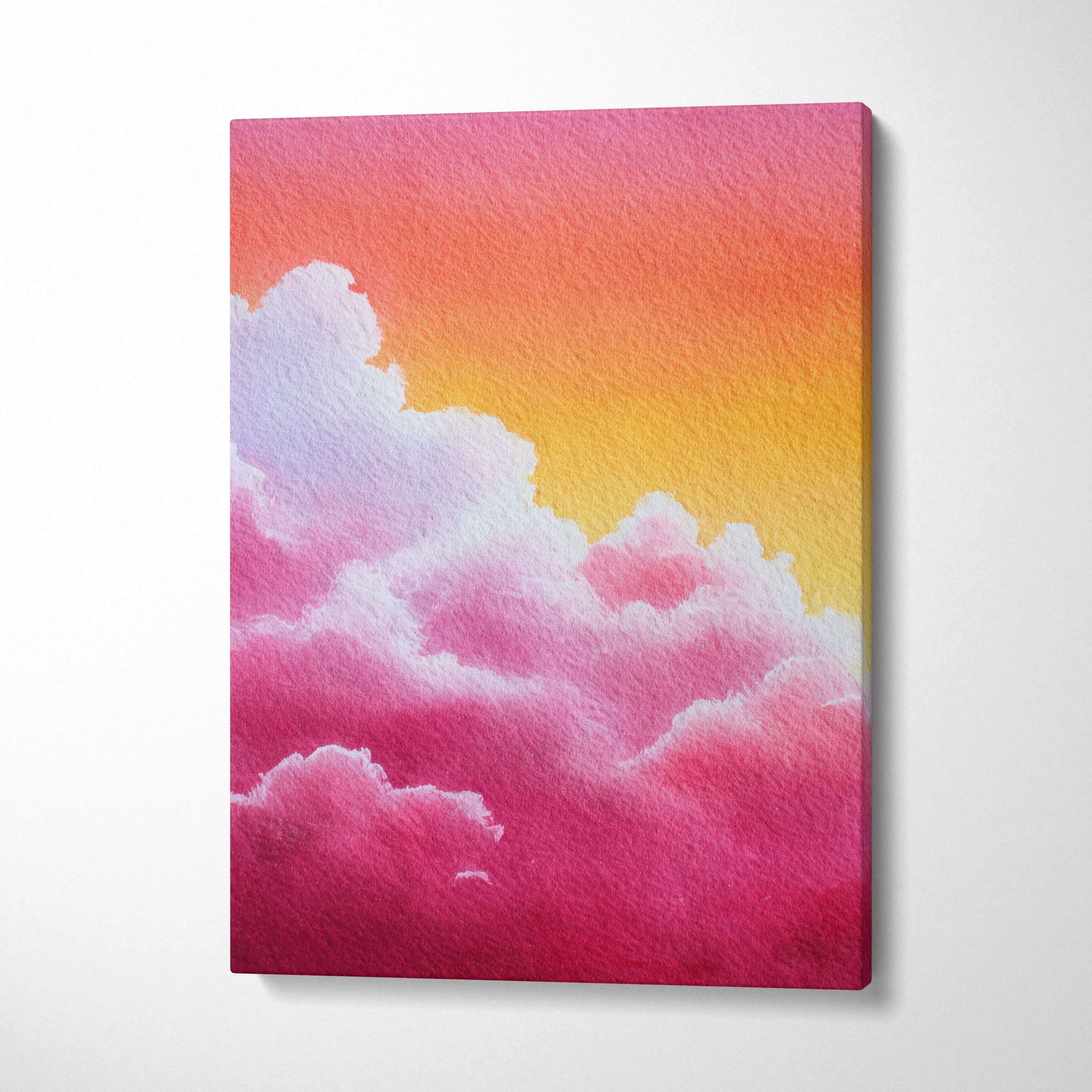 Abstract nature-inspired canvas art with vibrant pink and orange cloud design, vertical wall art print.