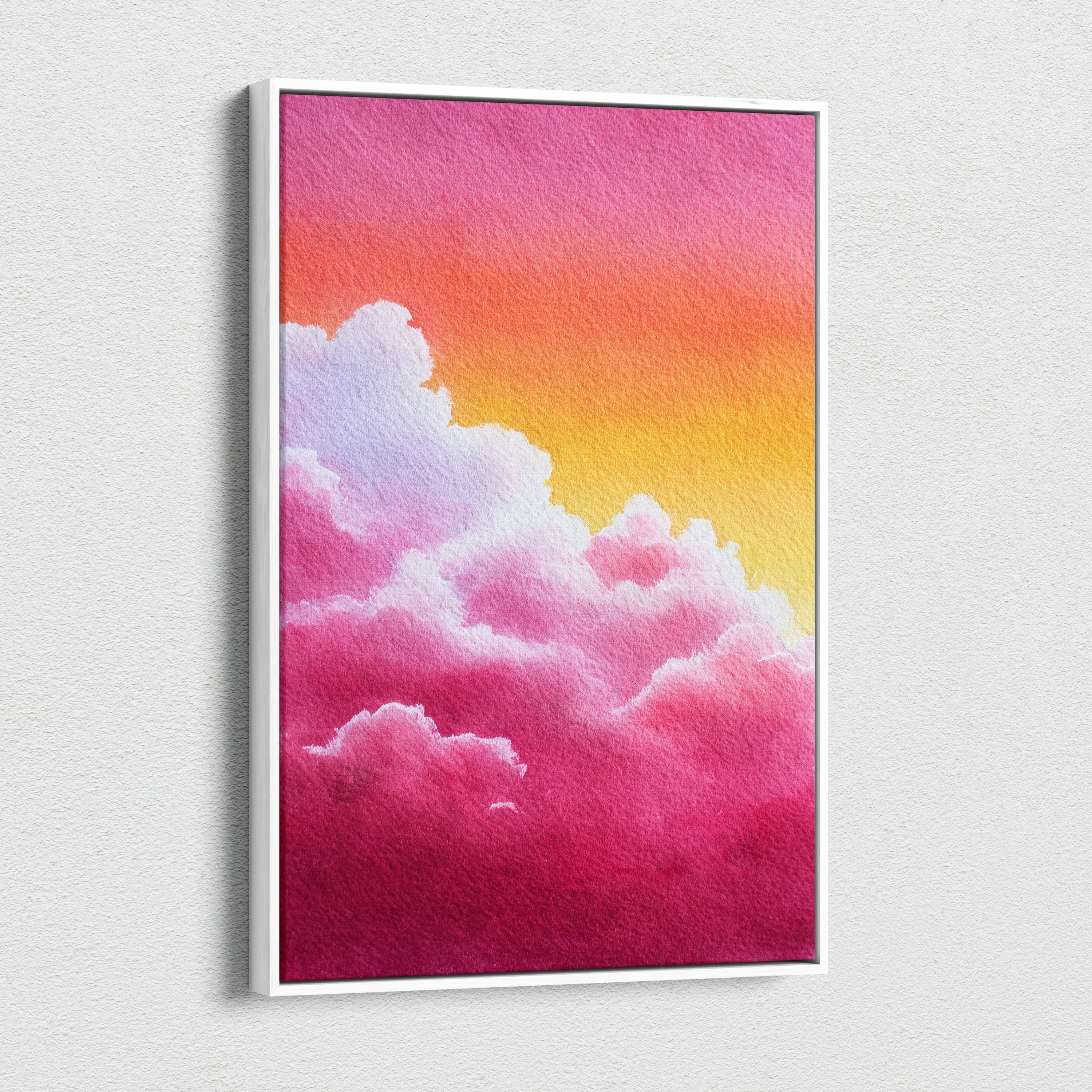 Abstract nature-inspired canvas art with vibrant pink and orange gradient clouds, vertical wall art.