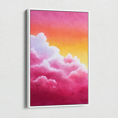Abstract nature-inspired canvas art with vibrant pink and orange gradient clouds, vertical wall art.