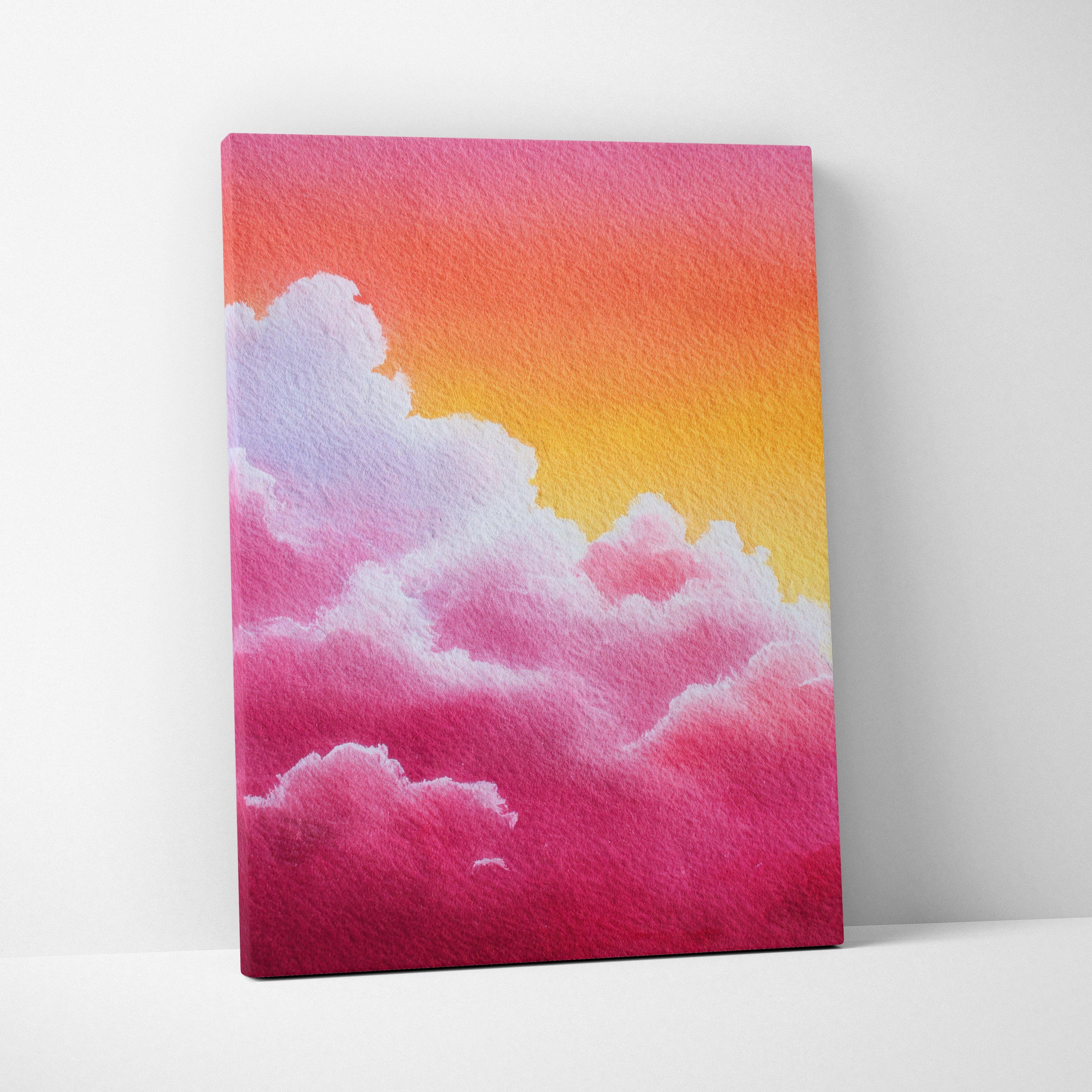 Abstract nature-inspired digital canvas art with vibrant pink clouds against a golden yellow sky wall art.