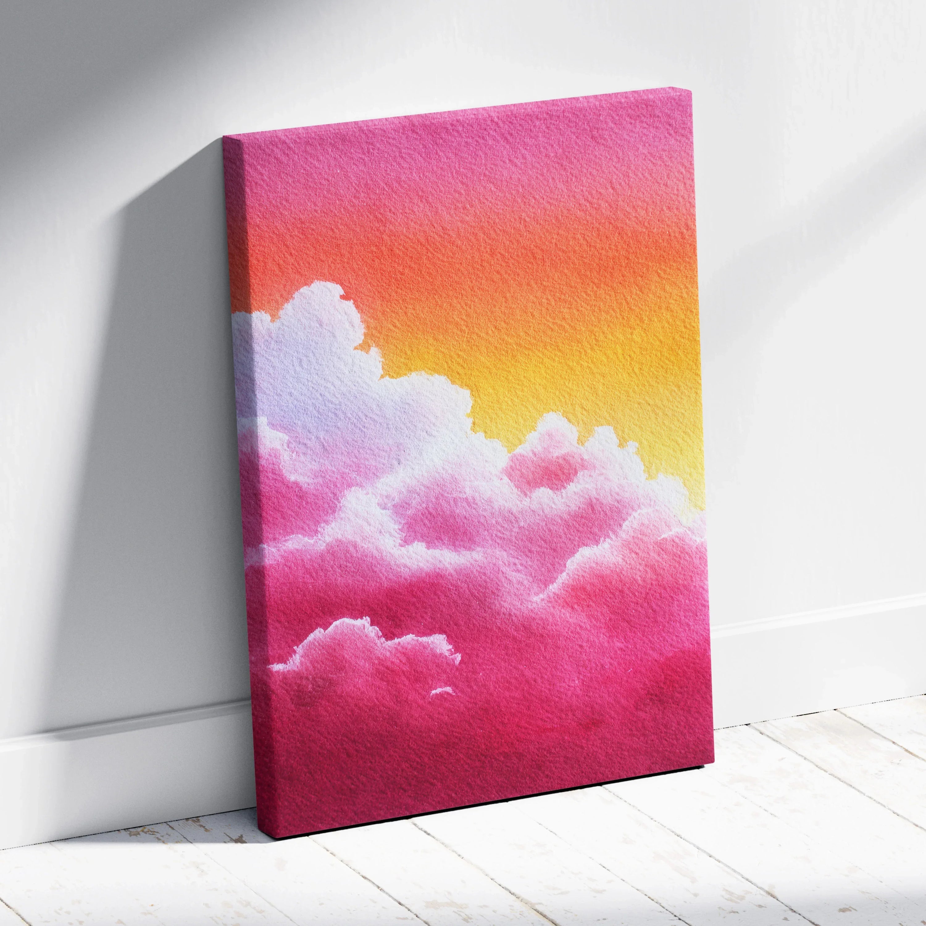 Abstract nature-inspired canvas art with vibrant pink clouds and a warm orange sky, vertical wall art.