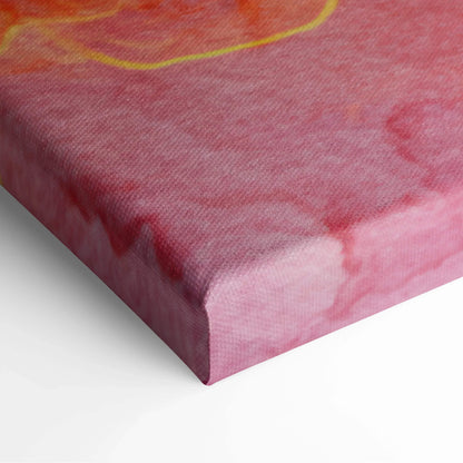 Pink and red abstract digital art on textured canvas wall art with yellow accents and smooth edges.
