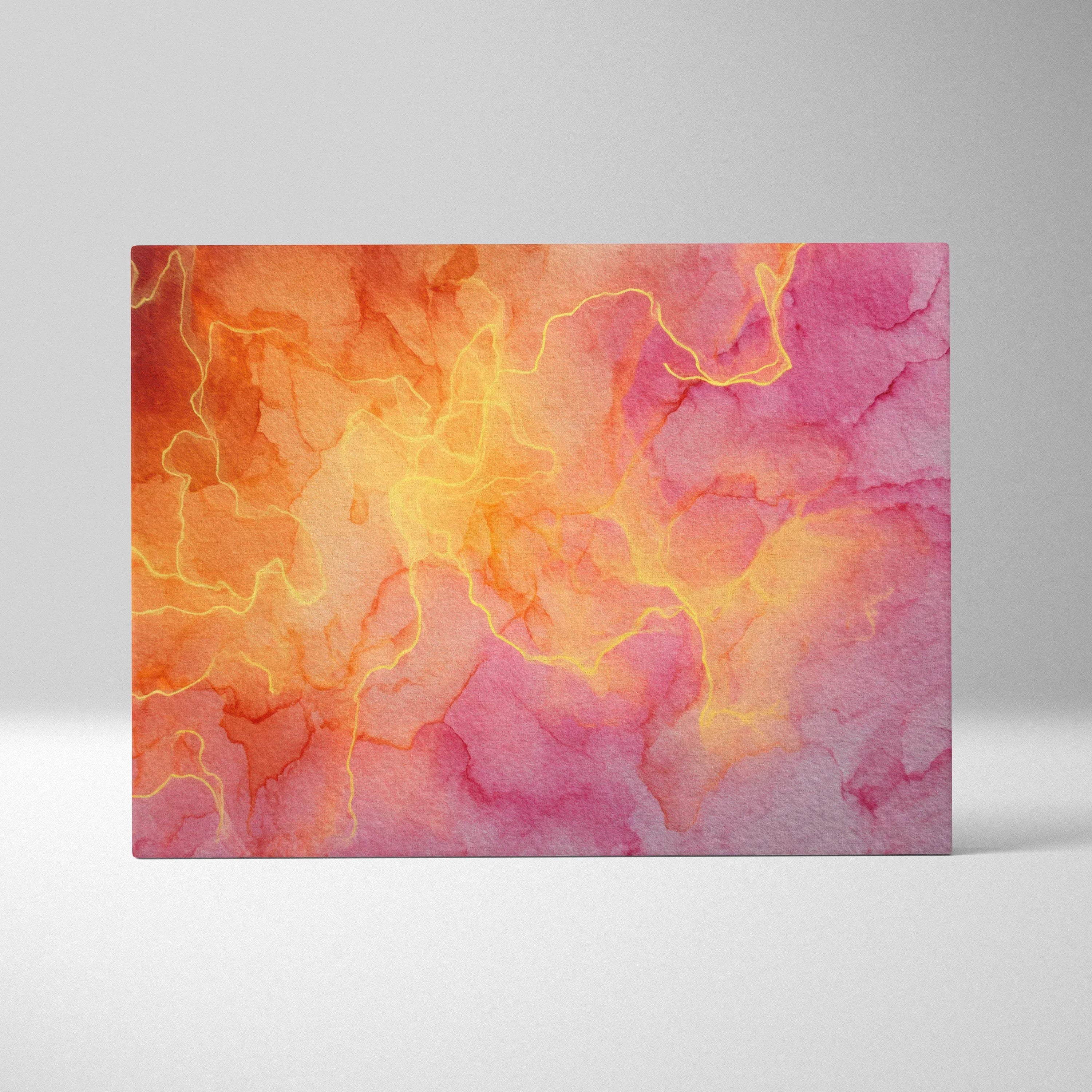 Canvas wall art featuring vibrant abstract digital design in warm orange, pink, and yellow tones with fluid, organic shapes.