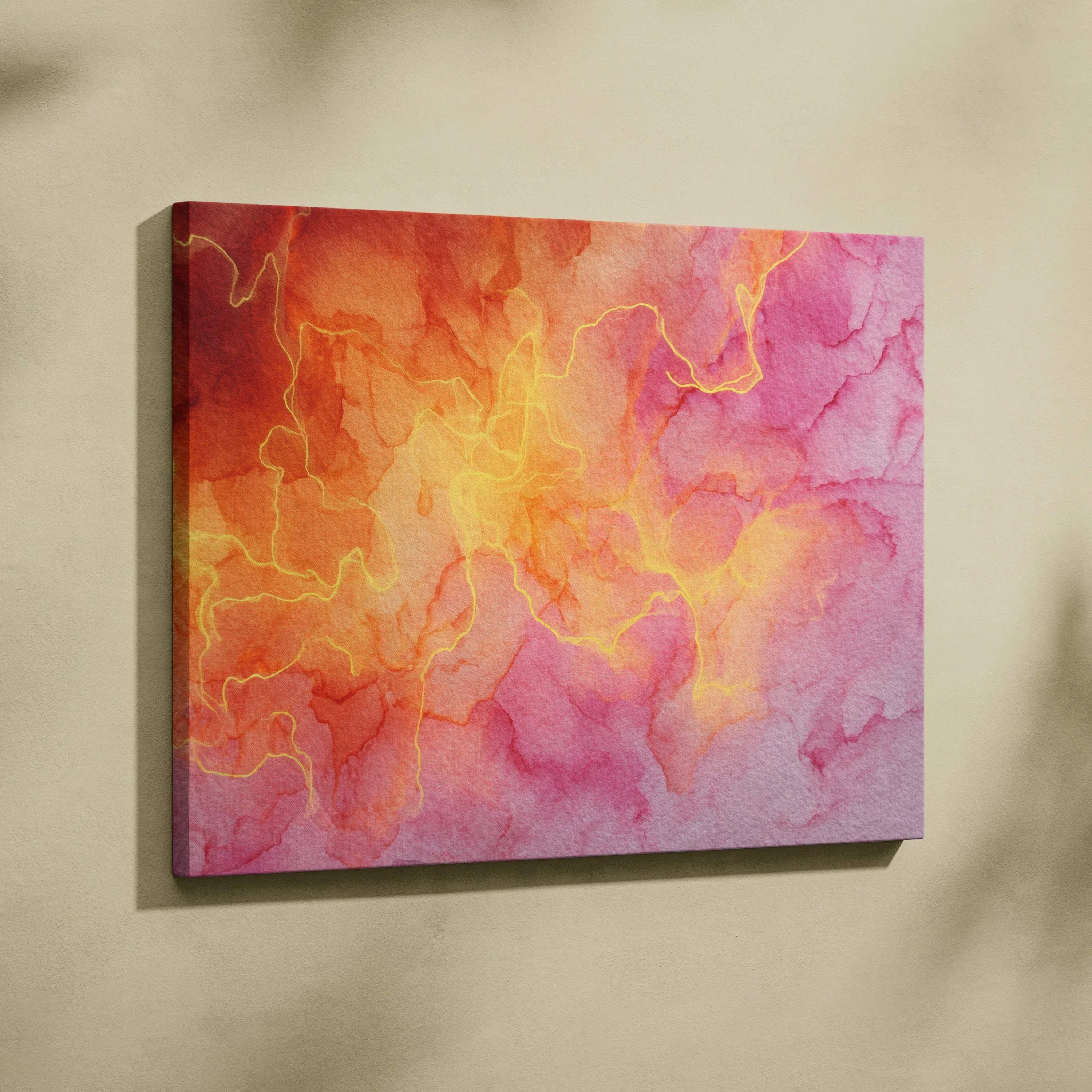 Abstract vibrant orange and pink digital art canvas wall art with fluid color blends and soft textures.