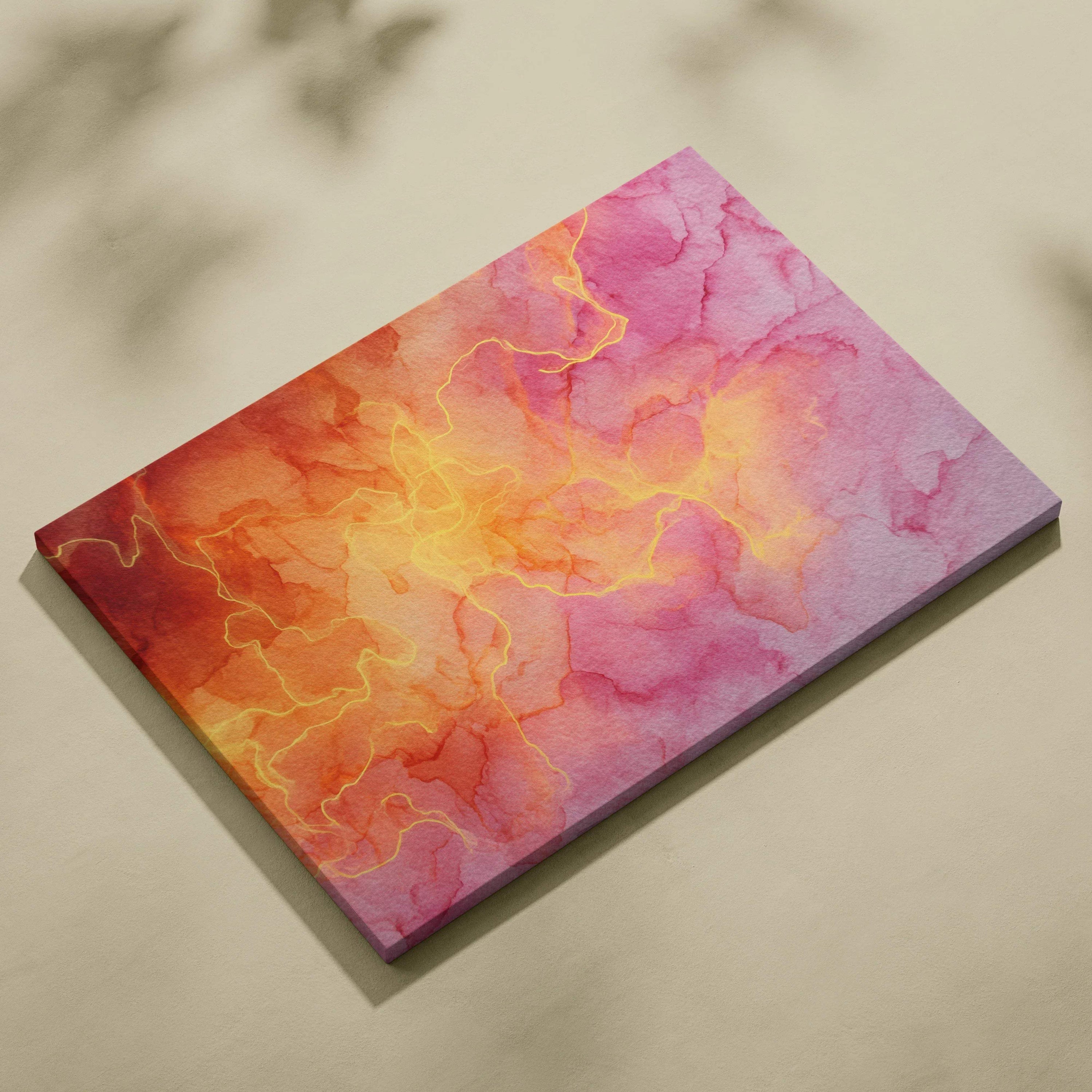 Abstract canvas wall art with vibrant orange, pink, and purple fluid patterns and gold veining.