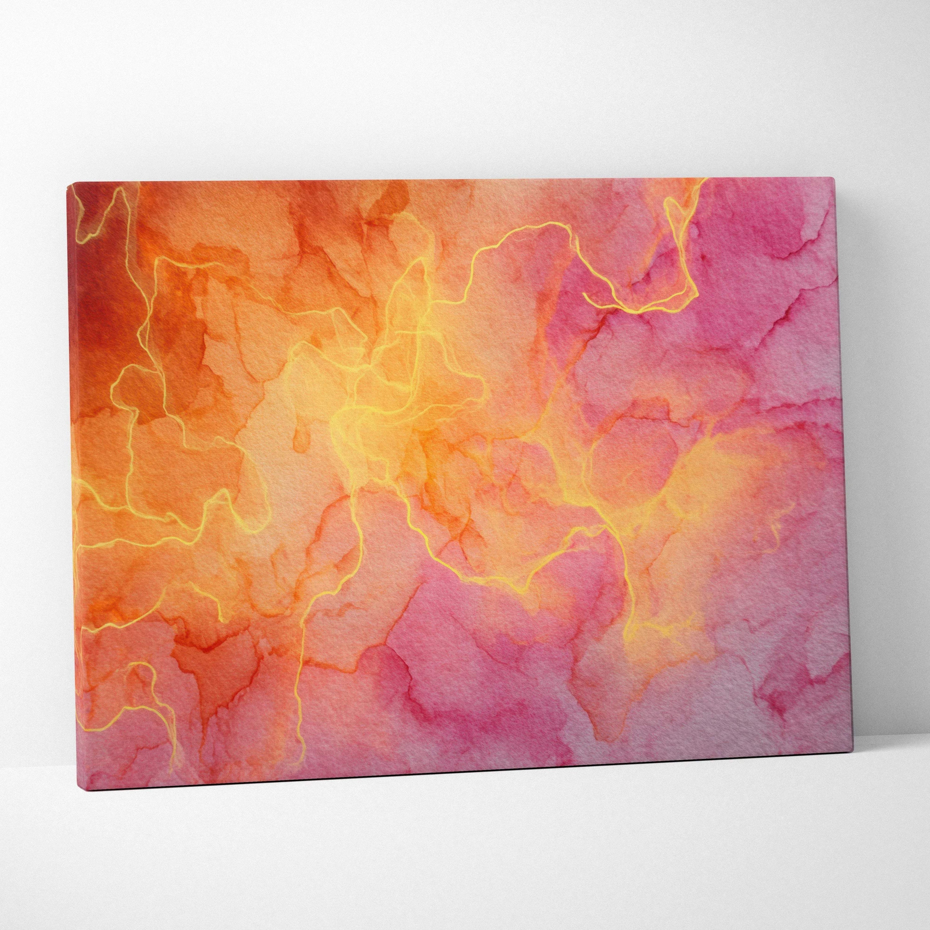 Abstract canvas wall art with swirling orange, pink, and yellow hues and subtle gold line accents.