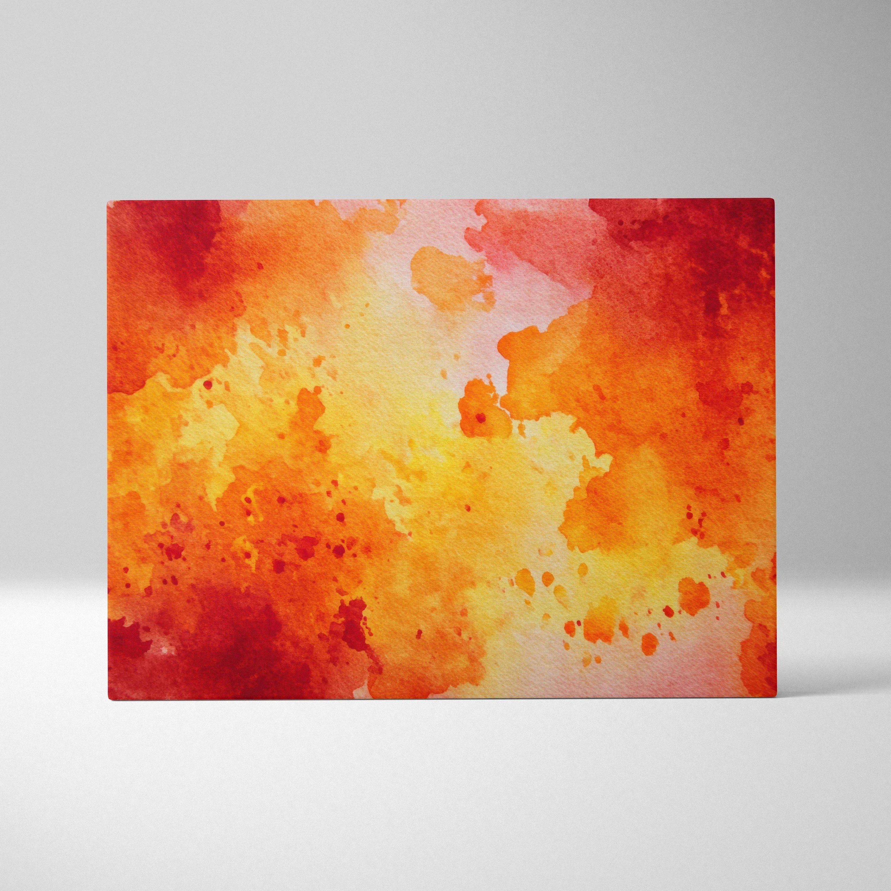 Abstract digital canvas wall art with vibrant red, orange, and yellow watercolor textures.