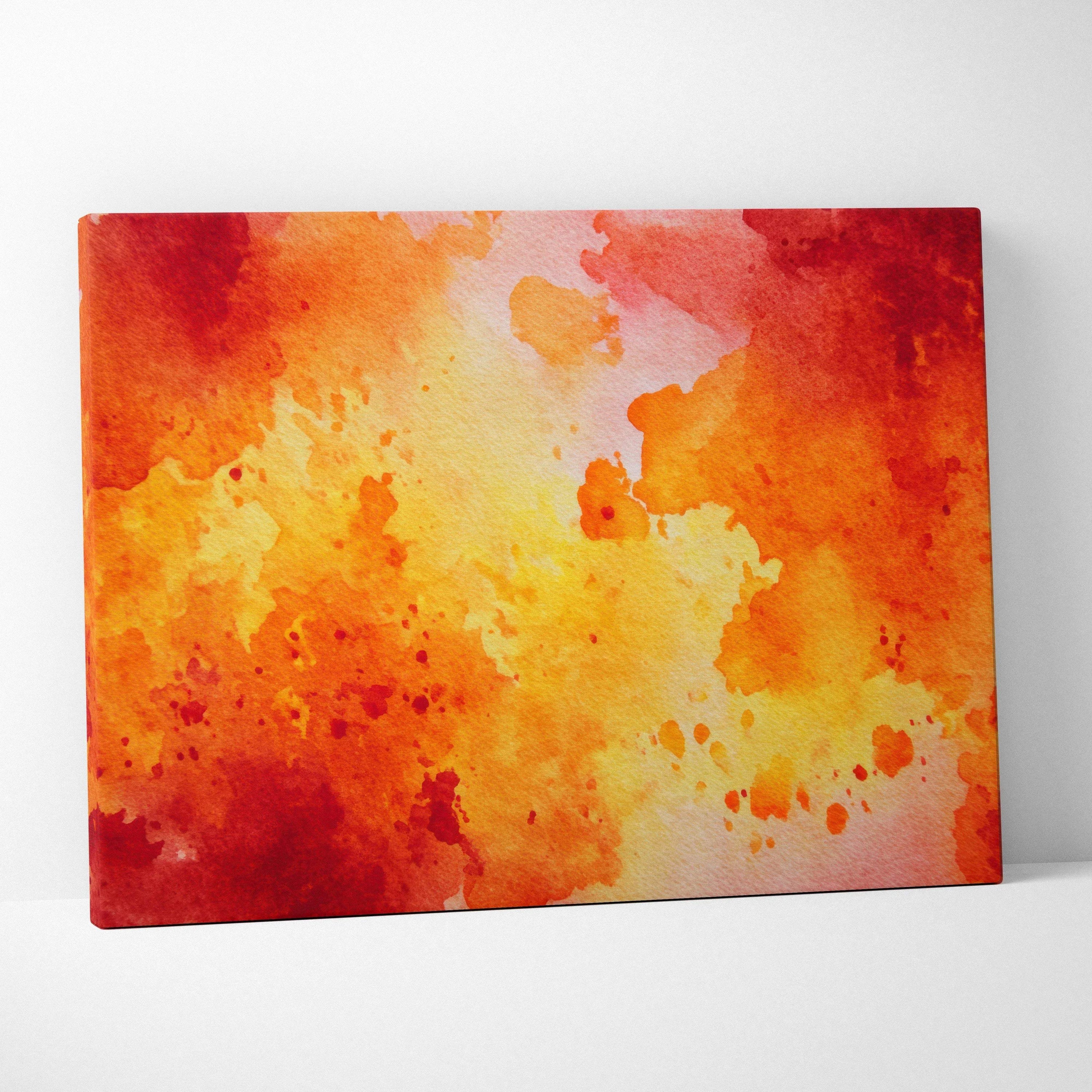 Abstract canvas wall art with warm red, orange, and yellow watercolor splash design.