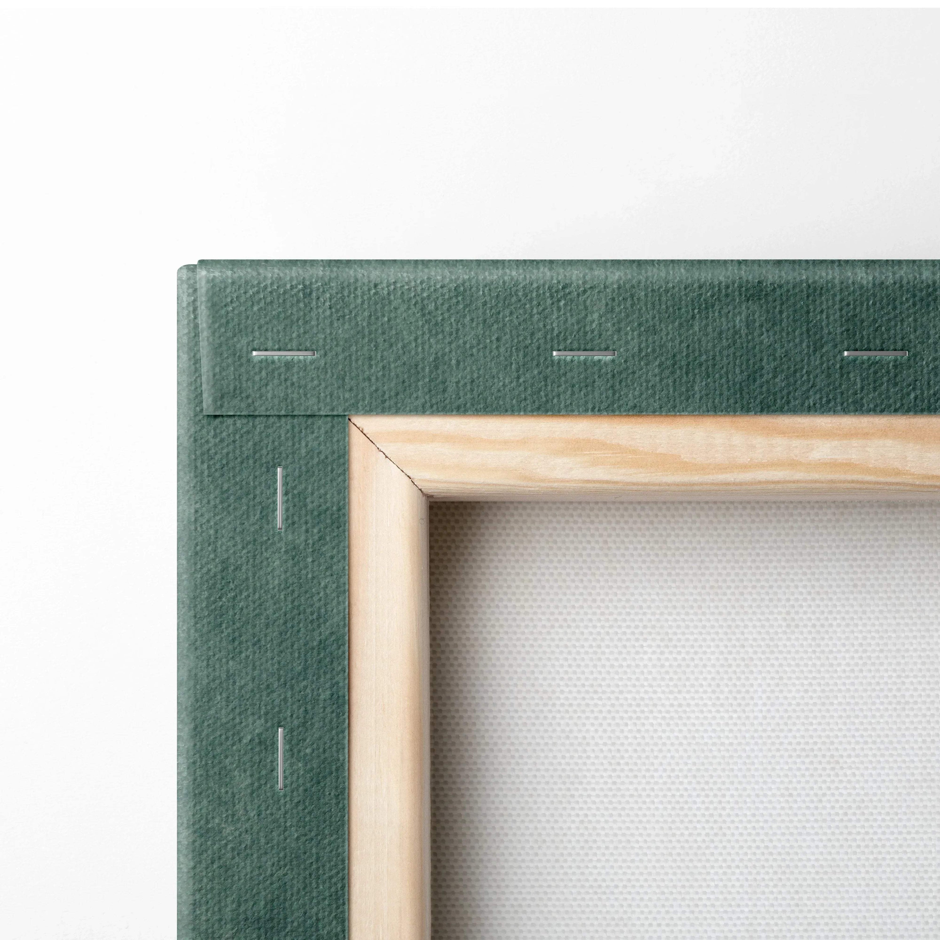 A minimalist canvas frame with light wood border and dark green fabric backing featuring subtle stitching for wall art