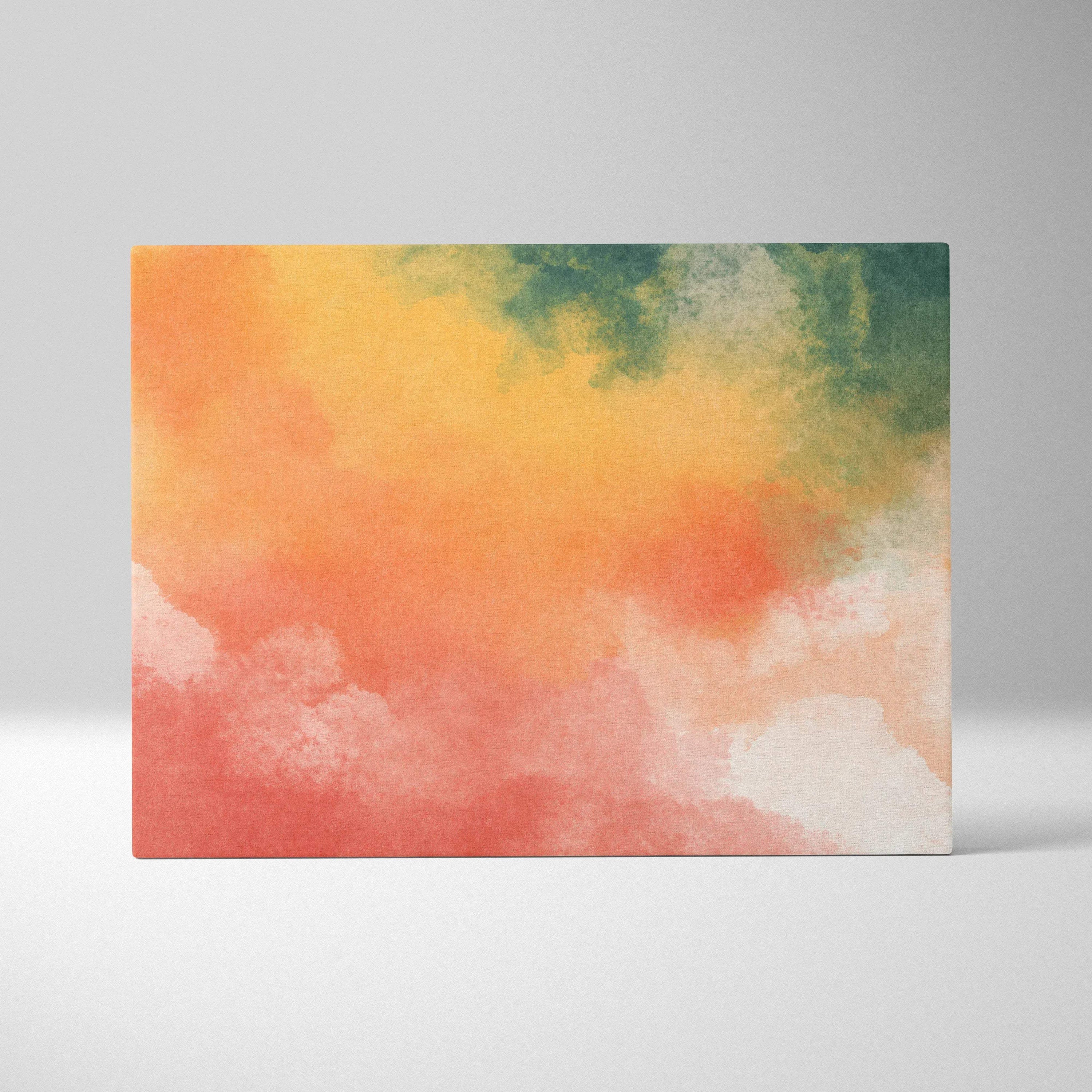 A rectangular watercolor gradient canvas wall art with soft coral, peach, and green abstract hues for decor