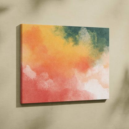 A vibrant watercolor gradient canvas wall art with coral peach and green hues on a soft beige wall background