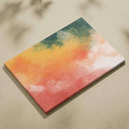 A rectangular watercolor gradient canvas wall art with abstract coral peach green sky tones for mood decor