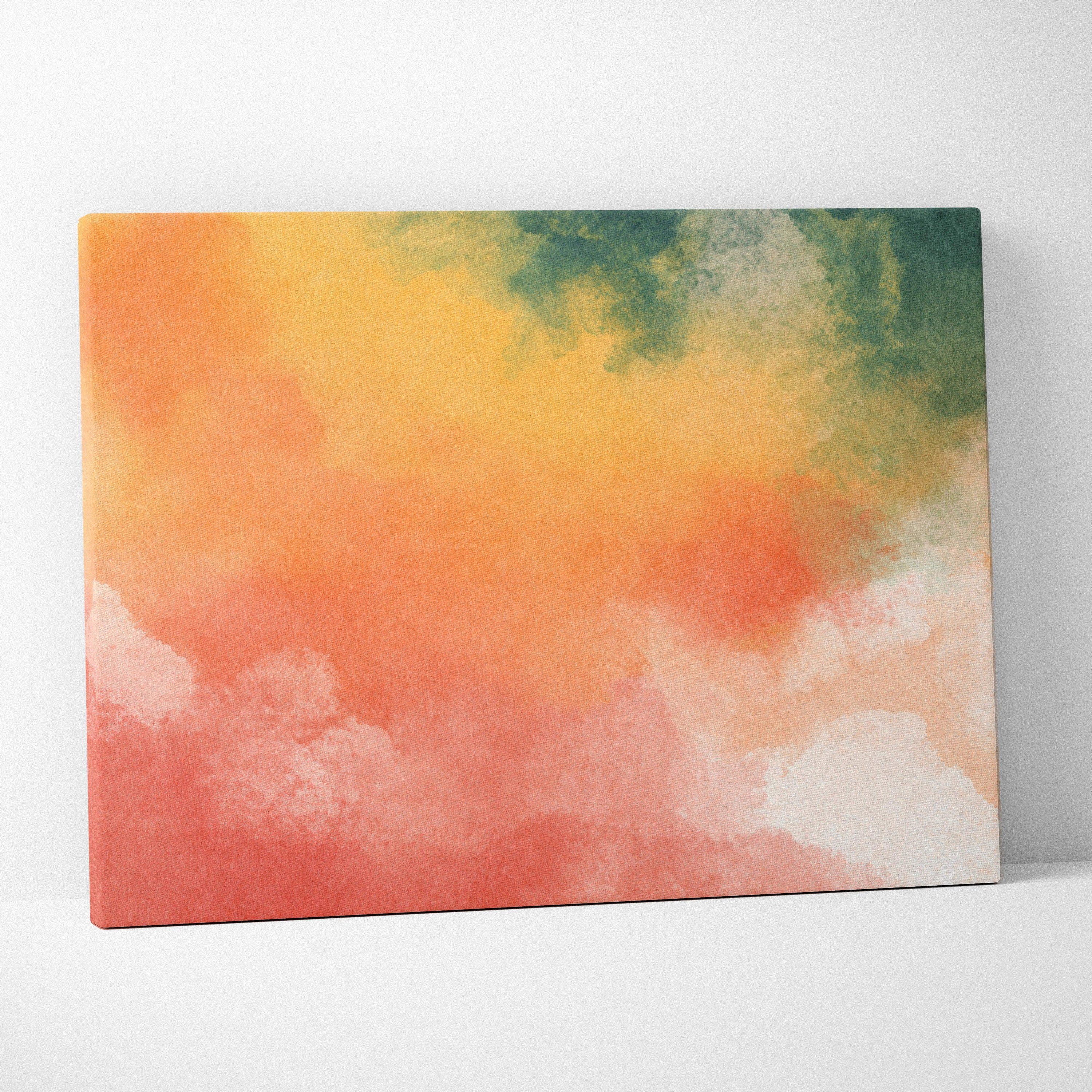 A rectangular watercolor gradient canvas wall art featuring warm oranges pinks and cool greens in coral peach green tones