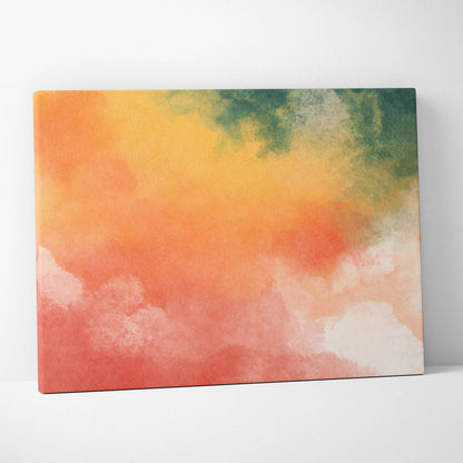 A rectangular watercolor gradient canvas wall art featuring warm oranges pinks and cool greens in coral peach green tones