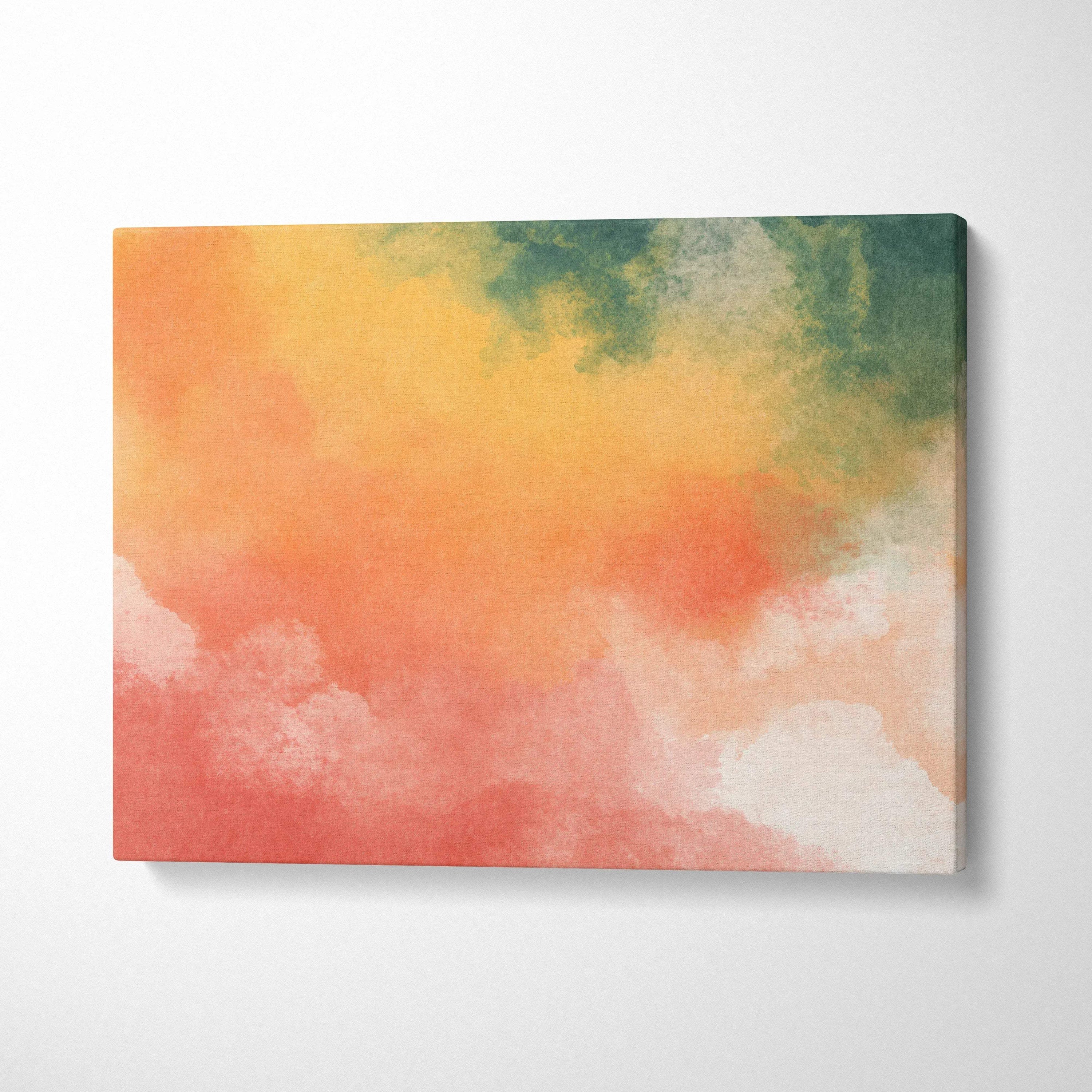 Rectangular watercolor gradient canvas wall art with soft warm oranges pinks and cool greens abstract coral peach green tones