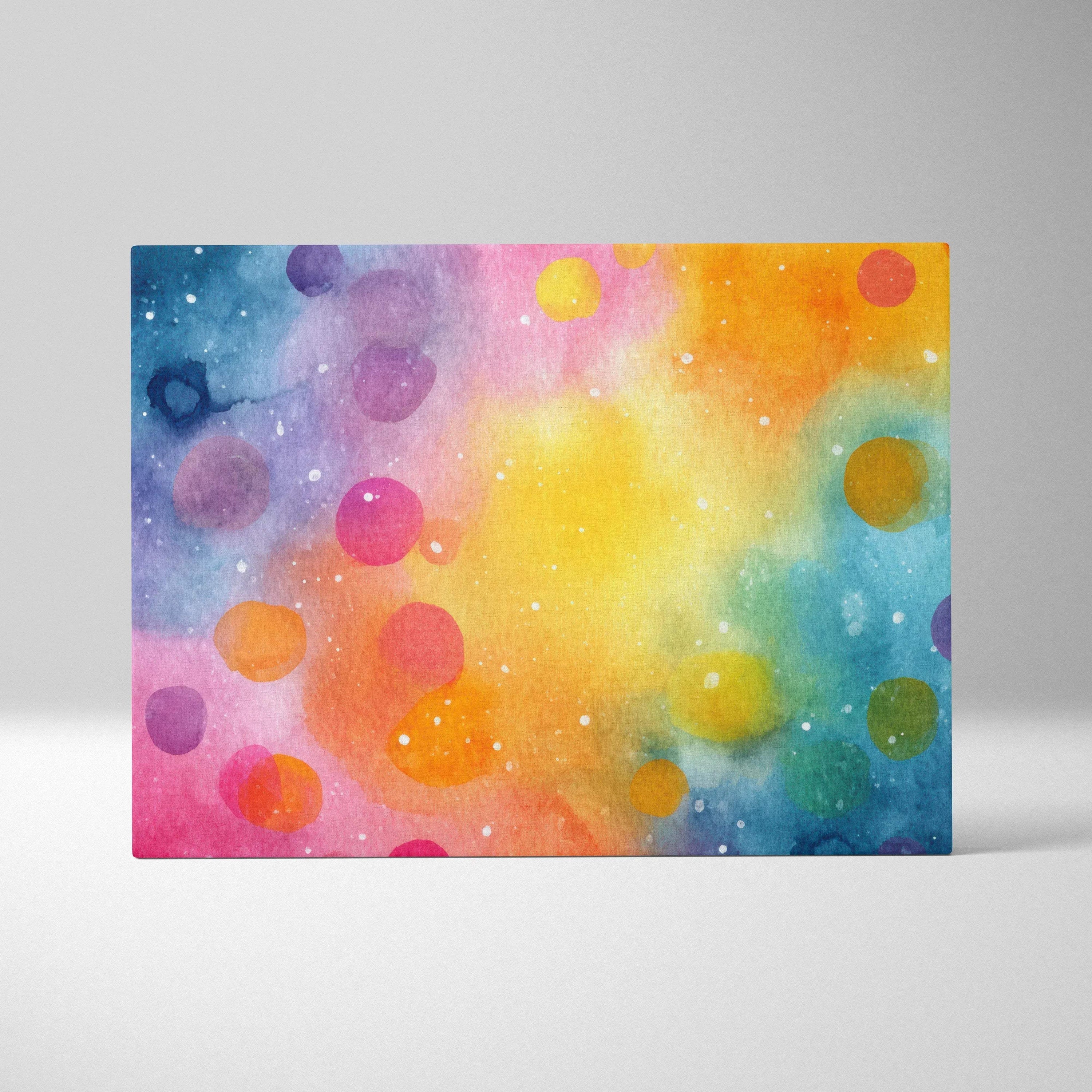Canvas wall art with vibrant abstract digital design featuring bold overlapping circles in pink, purple, blue, yellow, and.