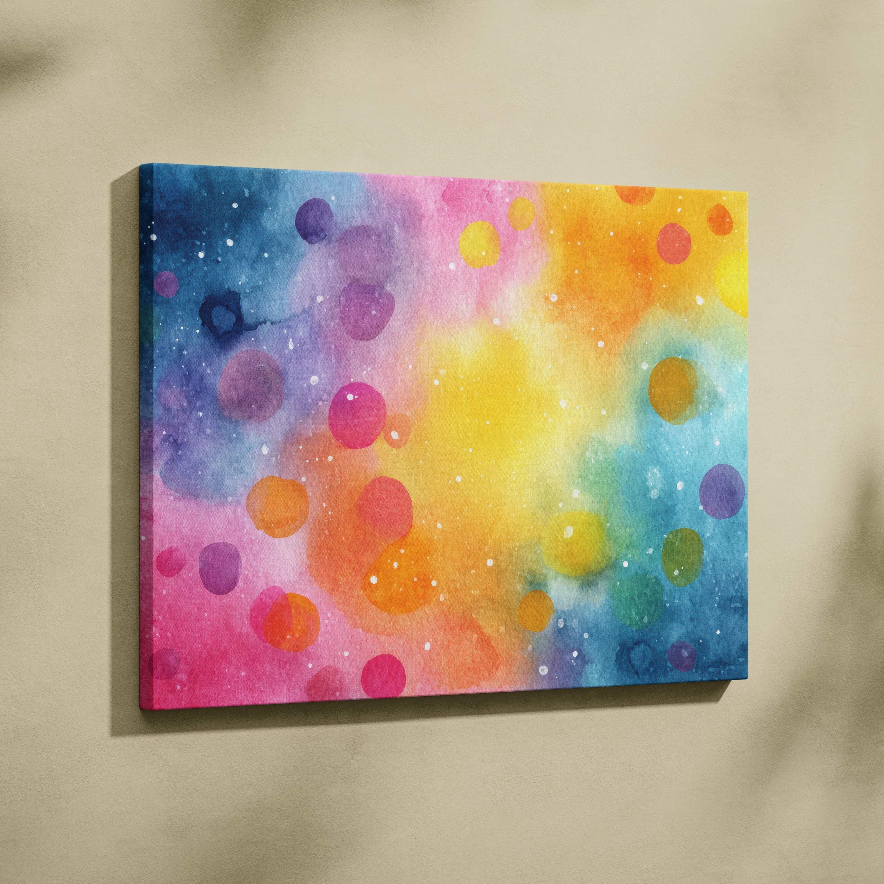 Abstract digital canvas art with vibrant bold colors and circular patterns on wall art panel.