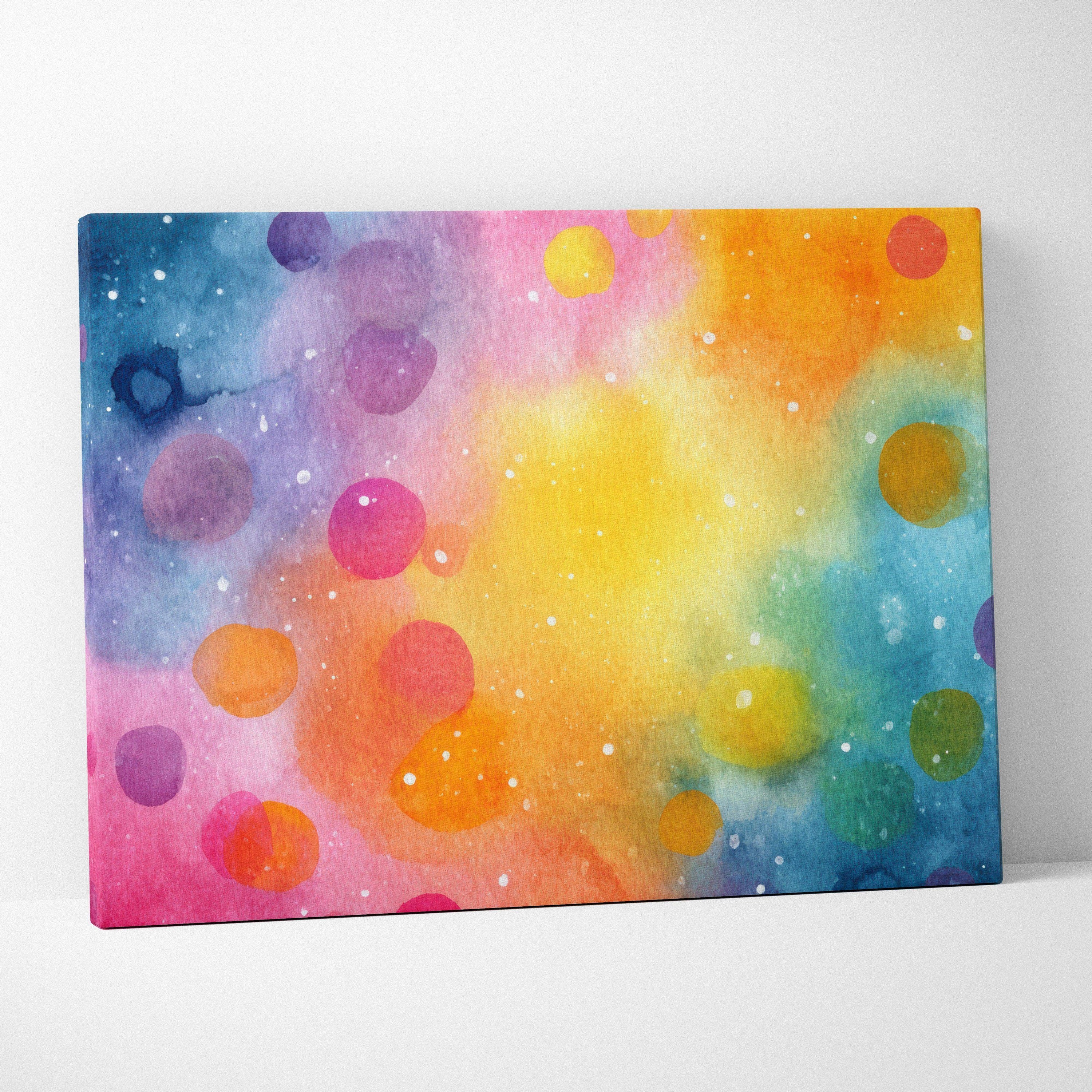 Abstract digital art canvas with bold multicolor patterns and circular shapes, vibrant wall art.
