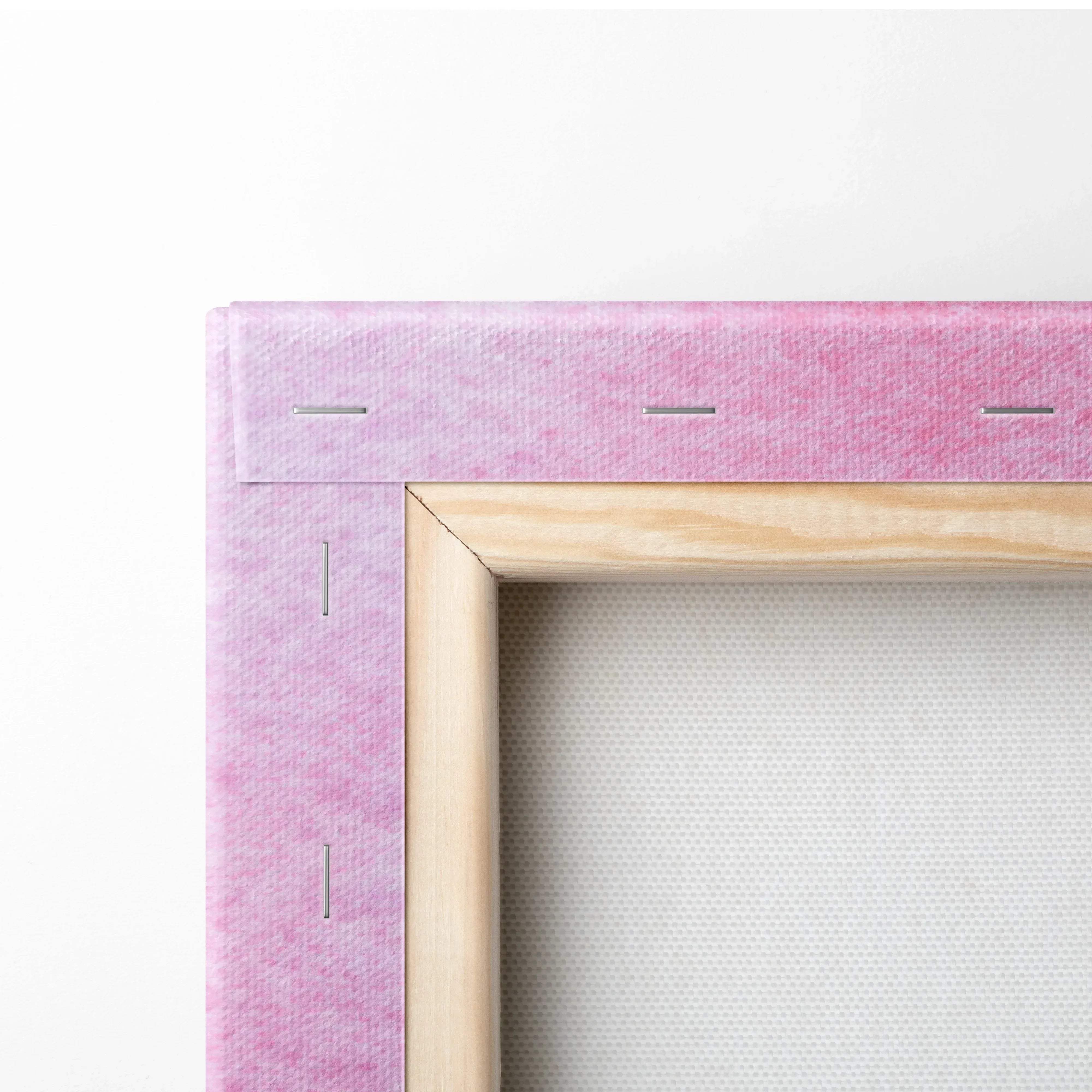 A light pink textured canvas wall art with visible stitching and natural wood frame featuring whimsical abstract hearts