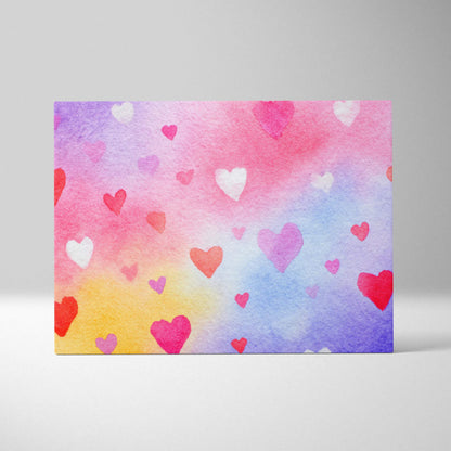 Colorful abstract canvas art with pink, red, and purple hearts on a pastel watercolor background wall art.