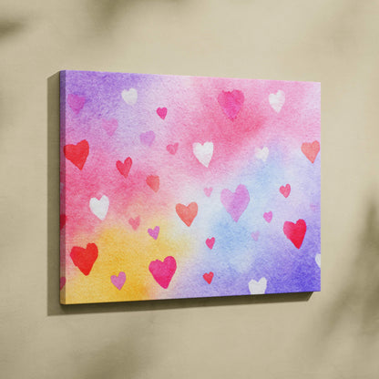 Abstract colorful hearts design canvas wall art with pink, red, yellow, and blue tones.