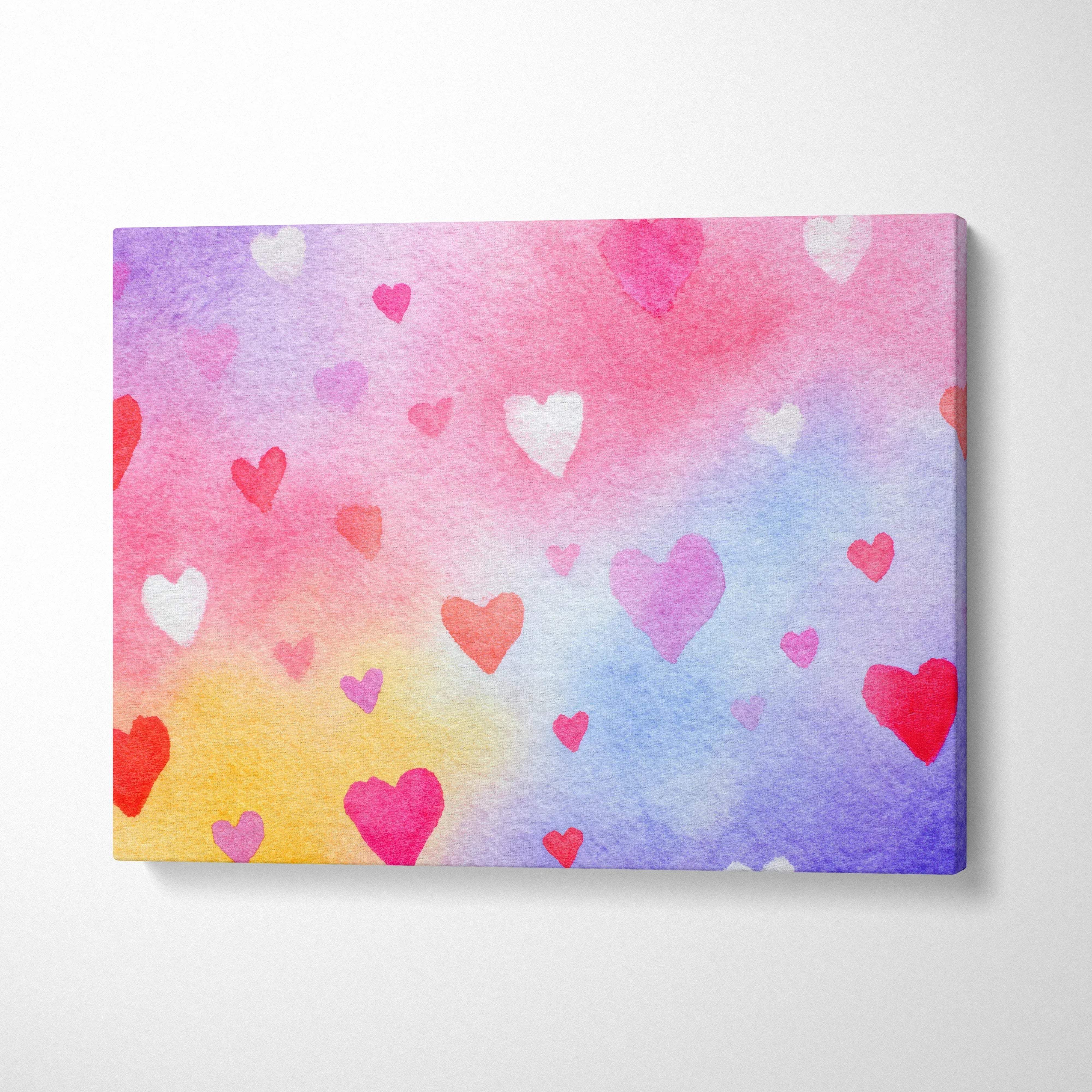 Colorful abstract canvas art with pink, red, and purple hearts on a pastel gradient background wall art.