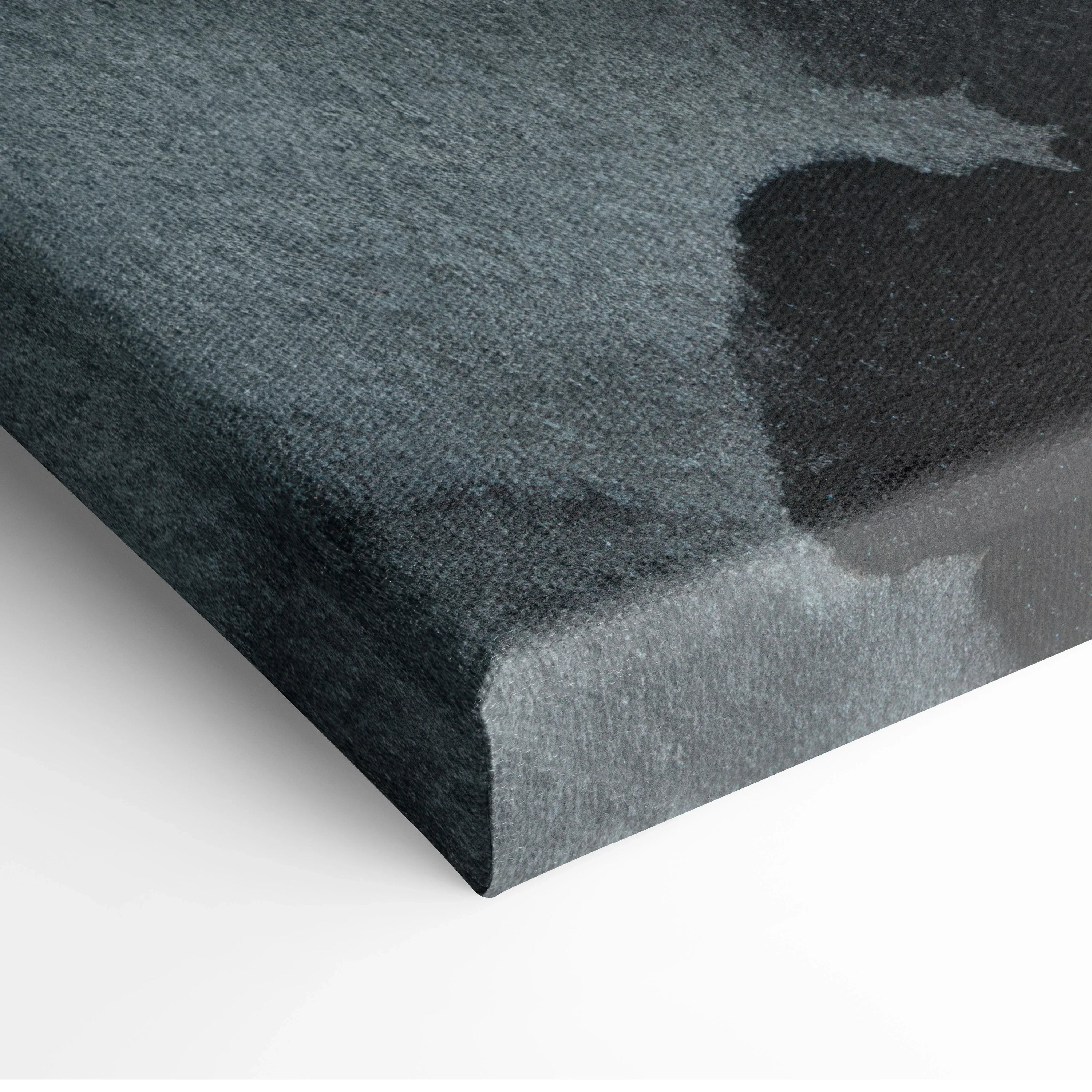 Close-up of nature-inspired abstract digital art canvas print with dark gray and black tones on stretched canvas wall art.