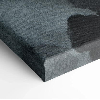 Close-up of nature-inspired abstract digital art canvas print with dark gray and black tones on stretched canvas wall art.