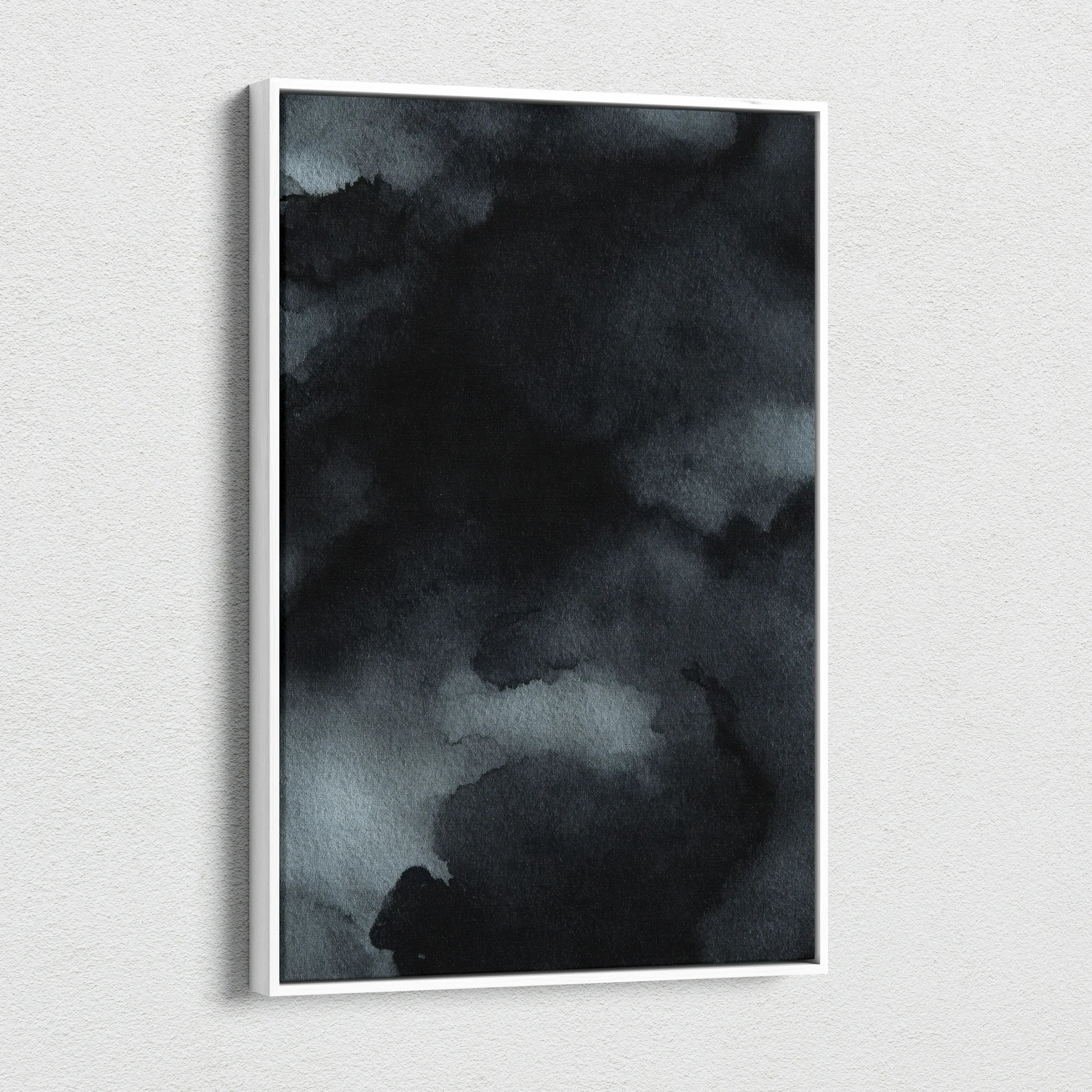 Abstract black and gray watercolor texture on vertical canvas wall art.